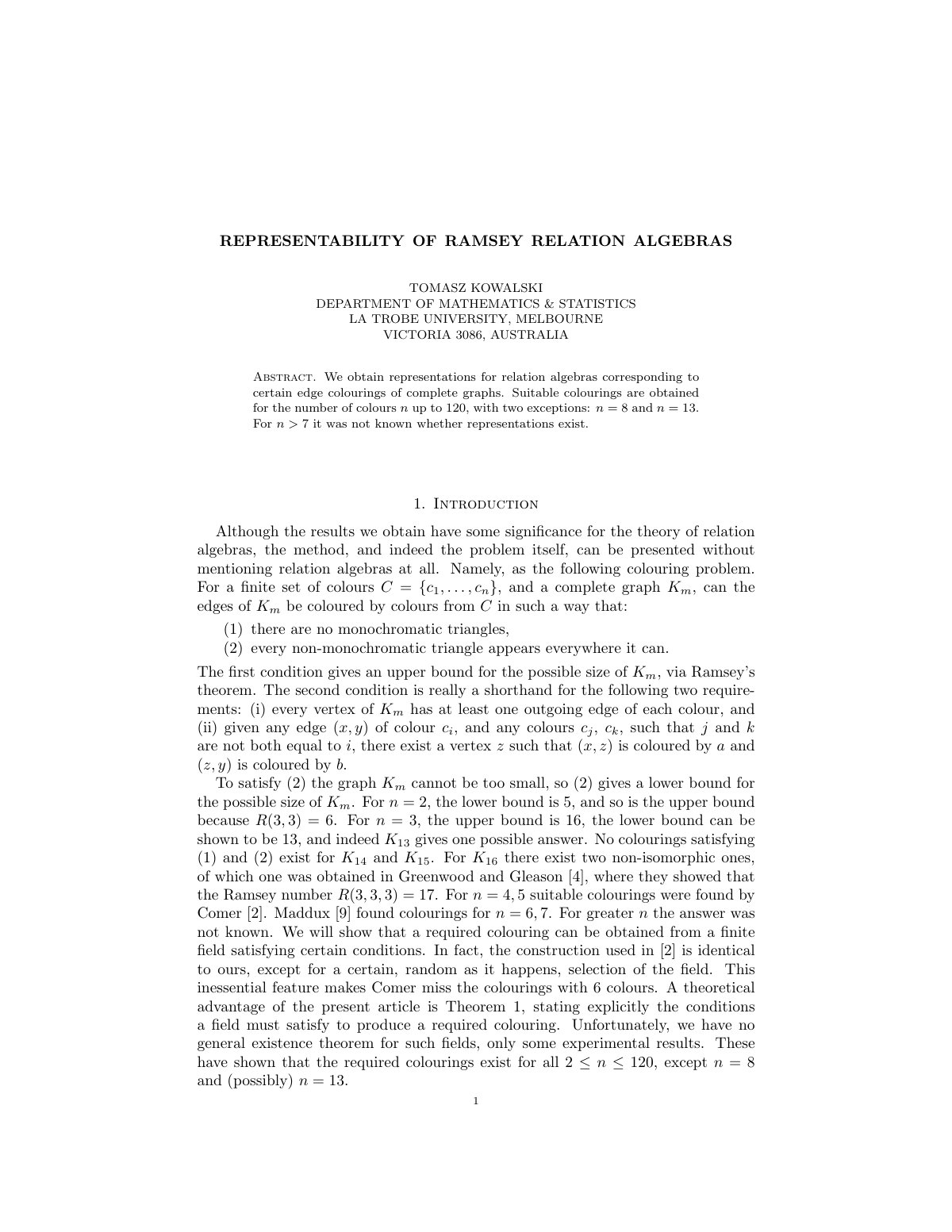 First page of REPRESENTABILITY OF RAMSEY RELATION ALGEBRAS