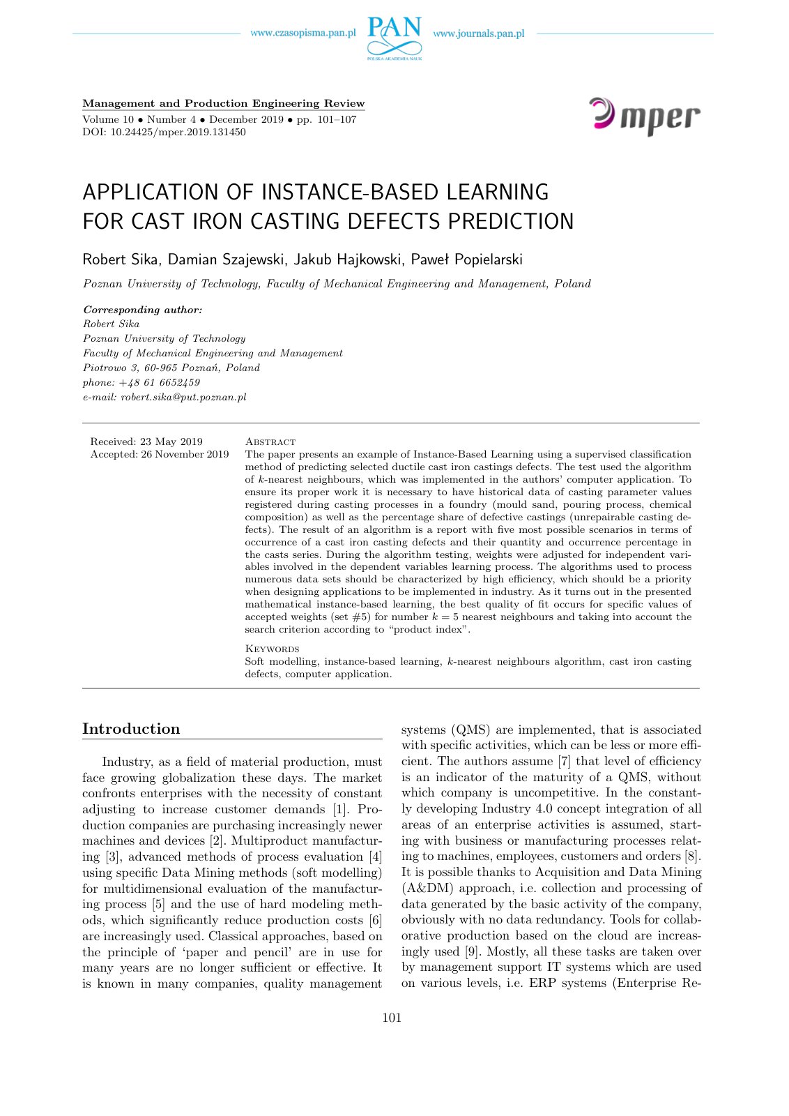 First page of APPLICATION OF INSTANCE-BASED LEARNING FOR CAST IRON CASTING DEFECTS PREDICTION