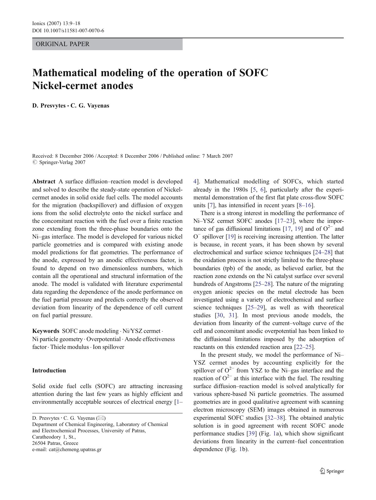 First page of Mathematical modeling of the operation of SOFC Nickel-cermet anodes