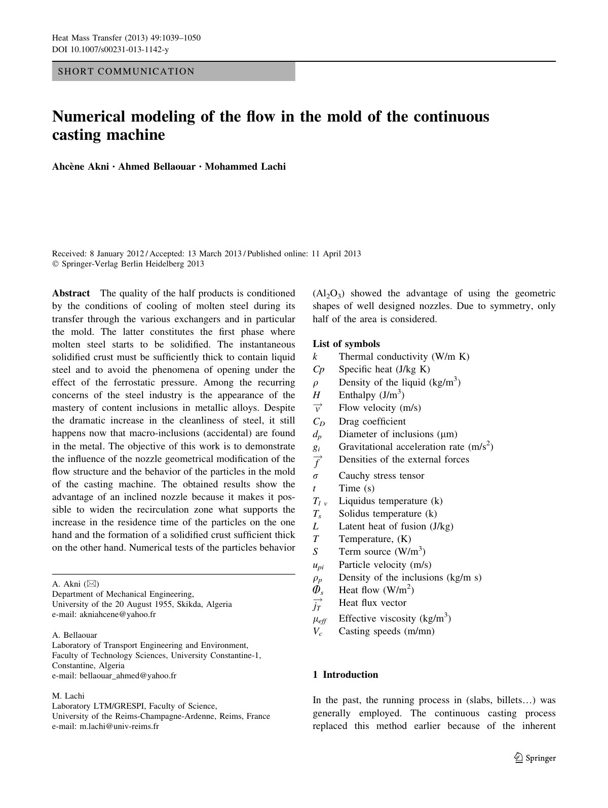 First page of Numerical modeling of the flow in the mo