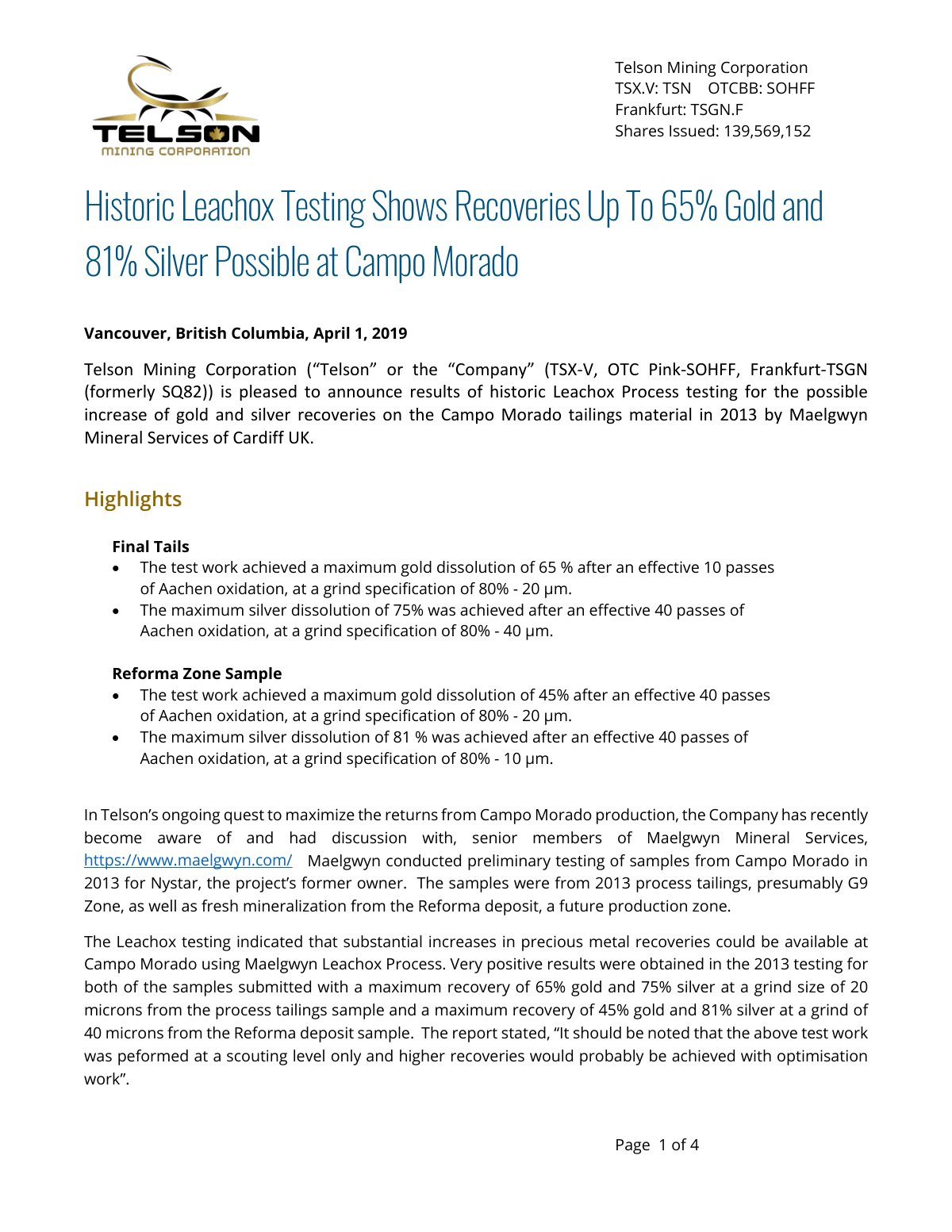 First page of Historic Leachox Testing Shows Recoveries Up To 65% Gold and 81% Silver Possible at Campo Morado