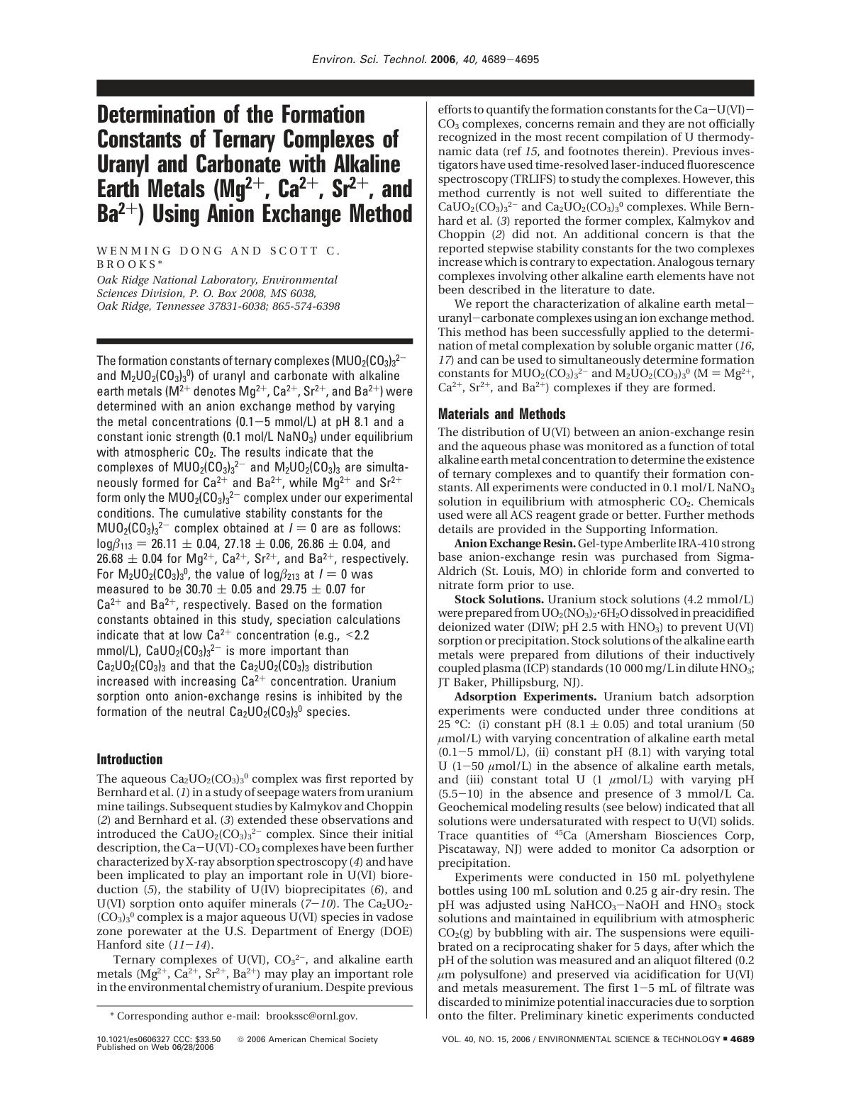 First page of Determination of the Formation Constants of Ternary Complexes of Uranyl and Carbonate with Alkaline Earth Metals (Mg2+, Ca2+, Sr2+, and Ba2+) Using Anion Exchange Method