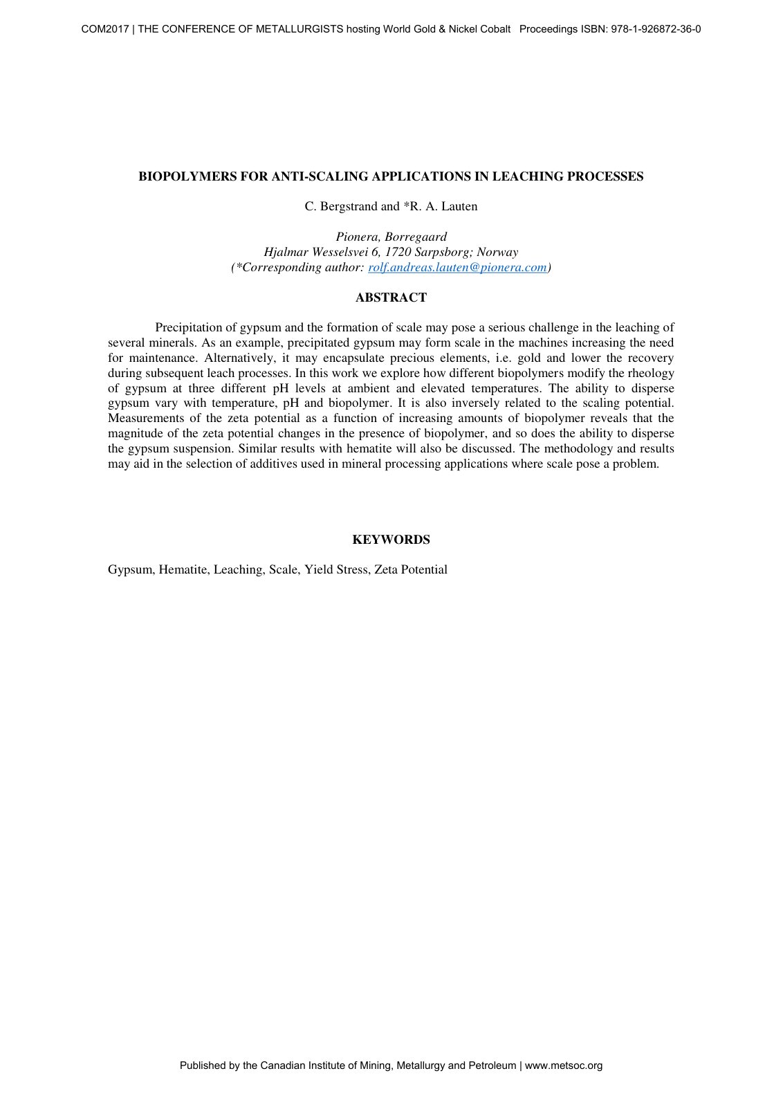 First page of Biopolymers for anti-scaling applications in leaching processes