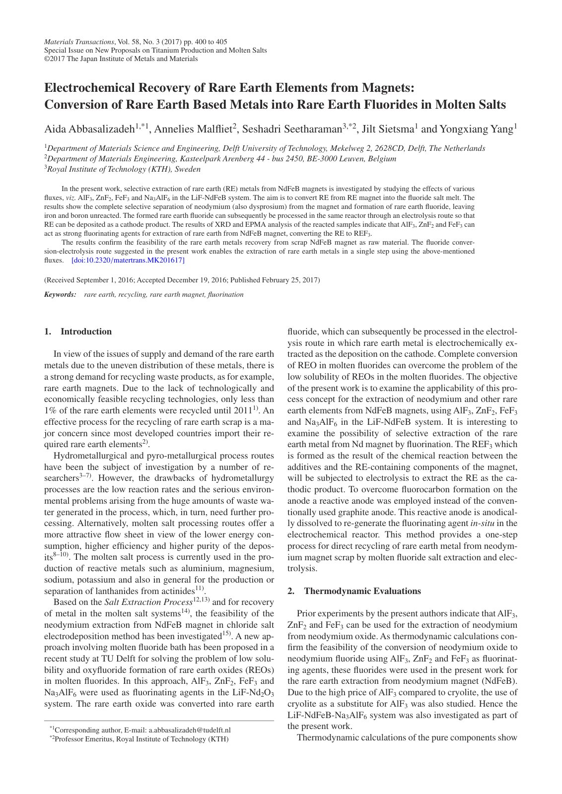 First page of Electrochemical Recovery of Rare Earth Elements from Magnets: Conversion of Rare Earth Based Metals into Rare Earth Fluorides in Molten Salts