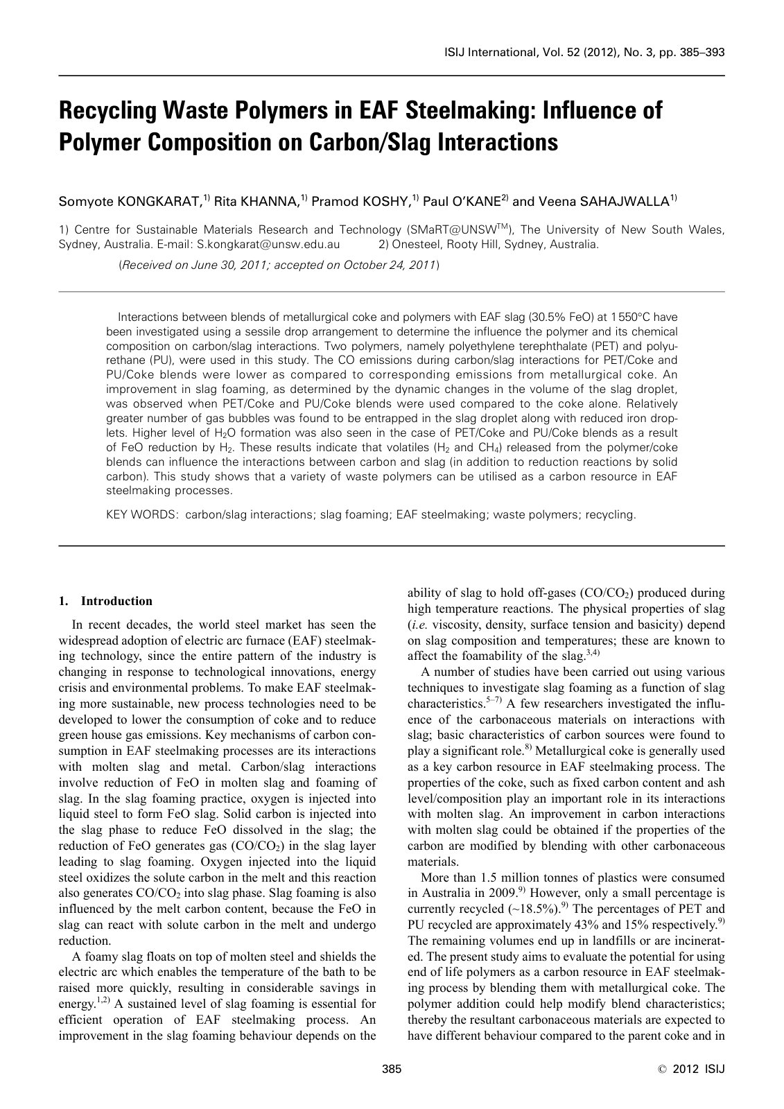 First page of 035 Recycling Waste Polymers in EAF Steelmaking Influence of Polymer Composition on Carbon Slag Interactions