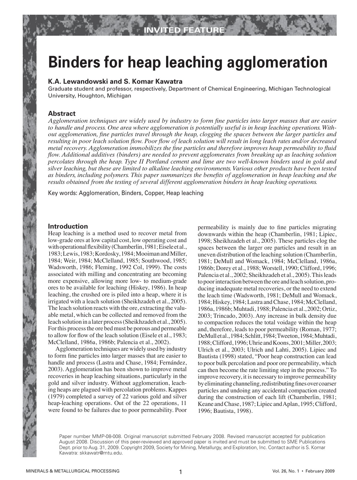 First page of Binders for heap leaching agglomeration