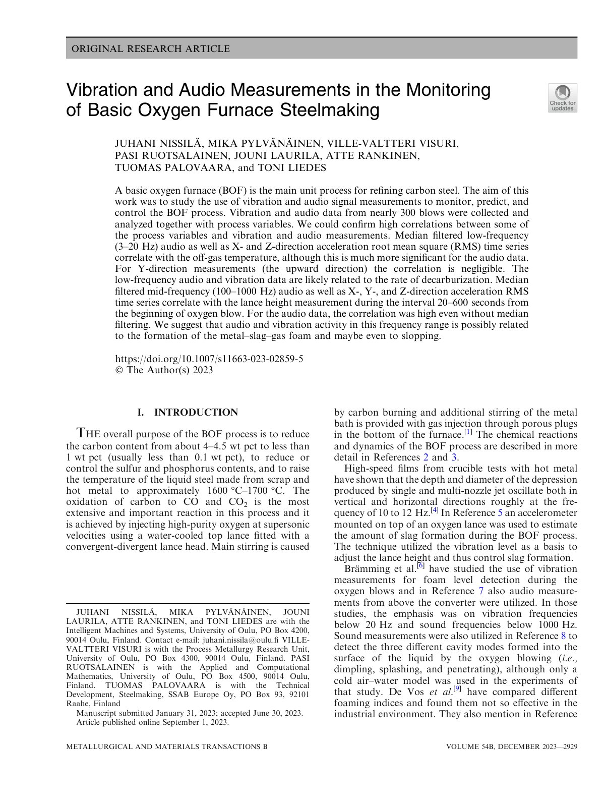 First page of Vibration and Audio Measurements in the Monitoring of Basic Oxygen Furnace Steelmaking