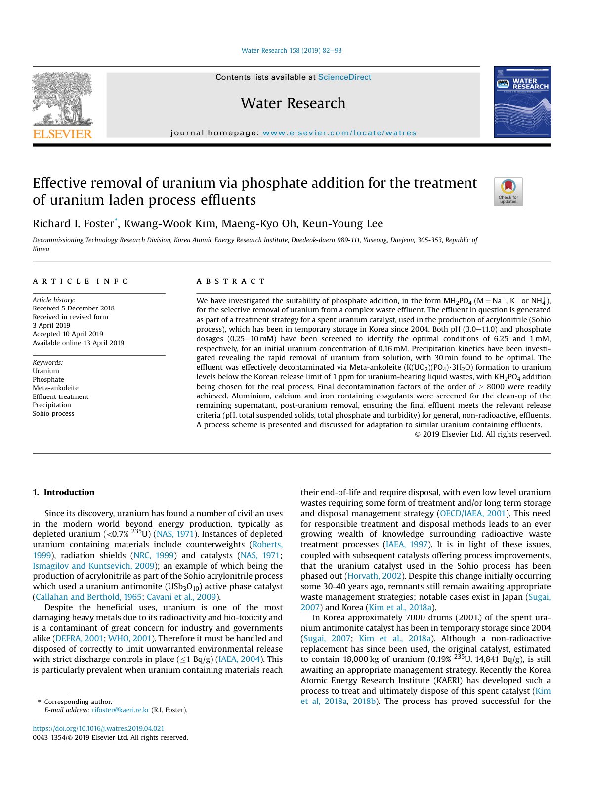 First page of Effective removal of uranium via phosphate addition for the treatment of uranium laden process efﬂuents