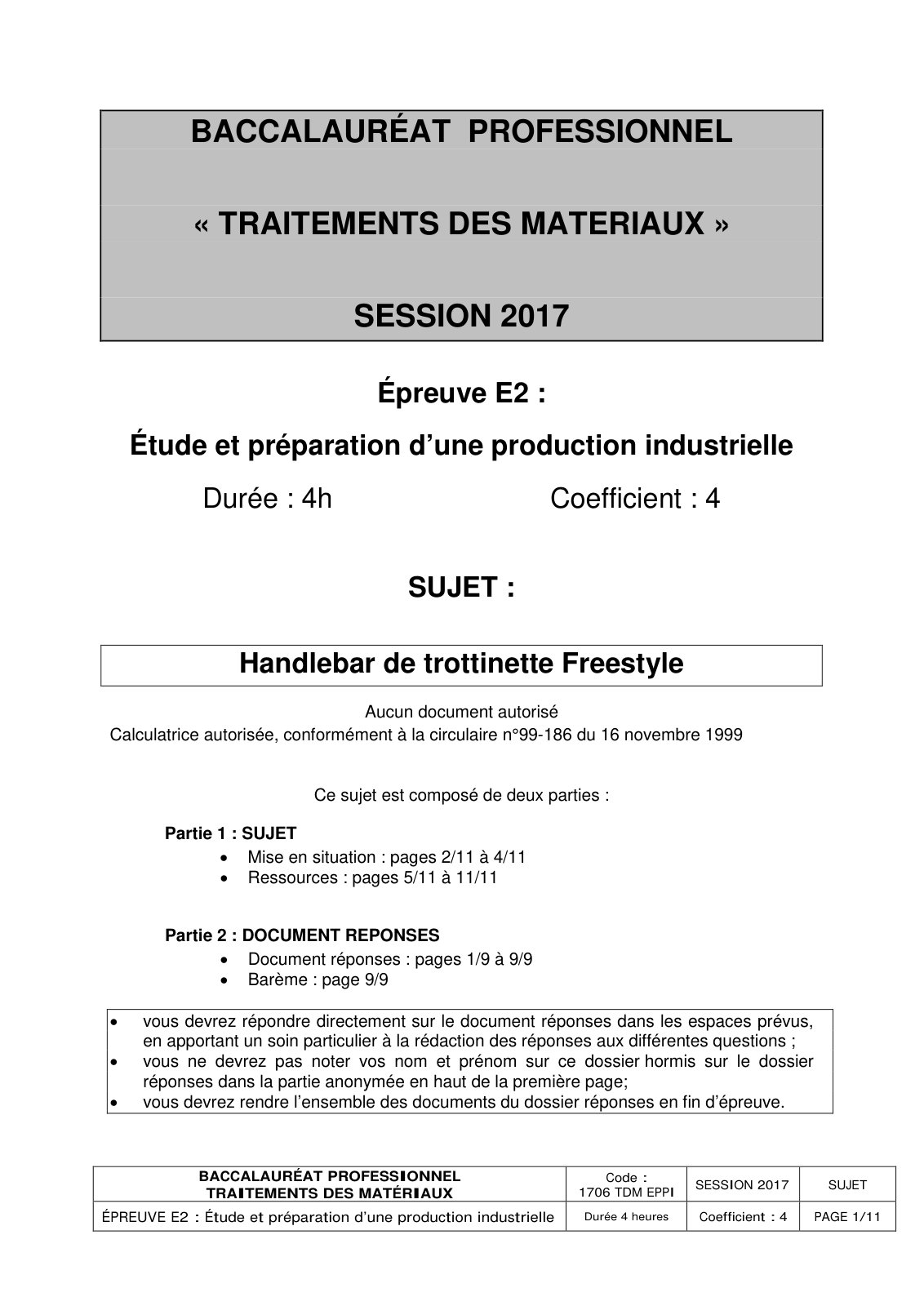 First page of BACCALAURÉAT PROFESSIONNEL TRAITEMENTS DES MATÉRIAUX