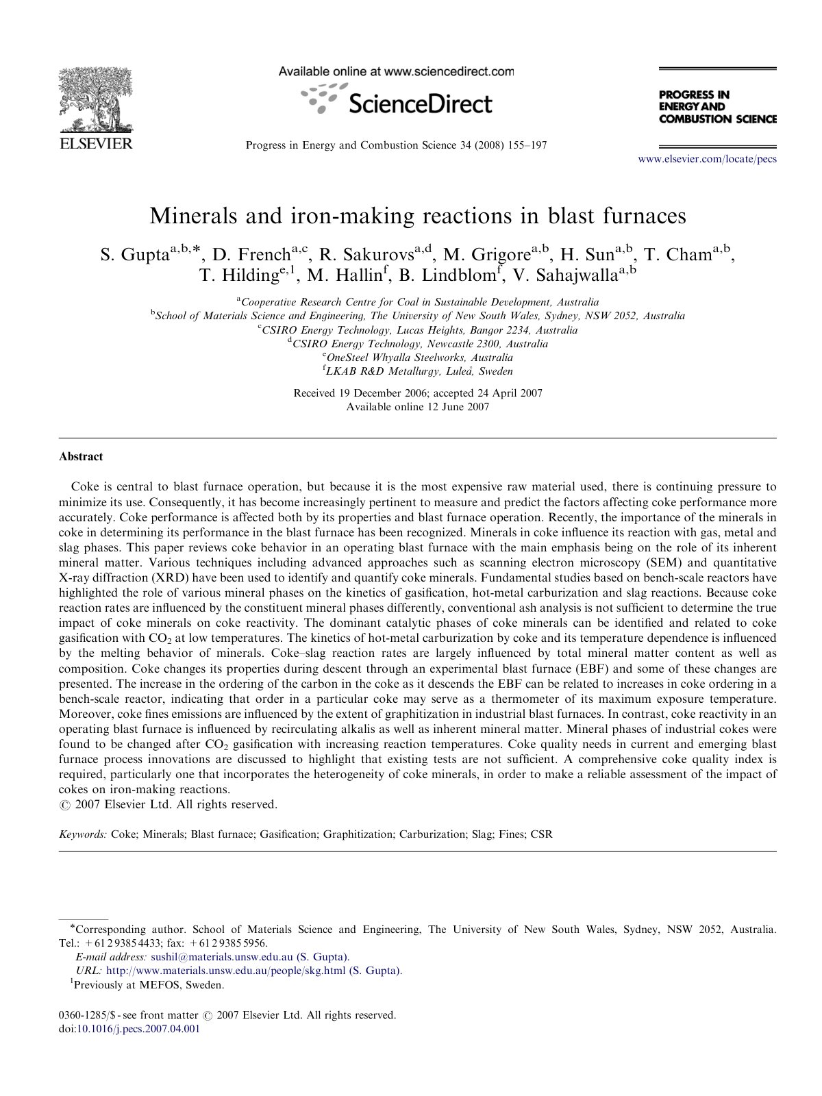 First page of Minerals and iron making reactions in bl