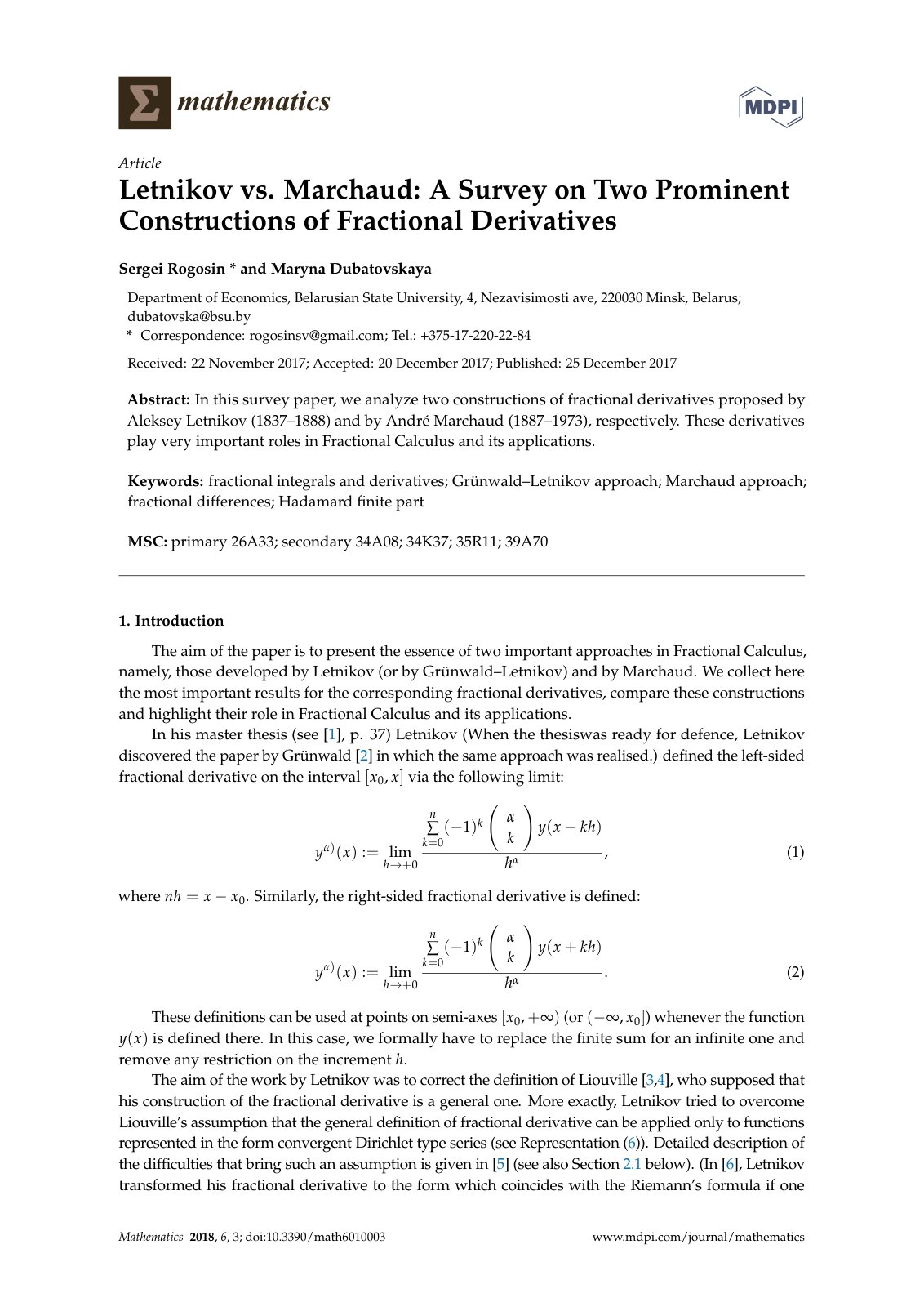 First page of Letnikov vs. Marchaud: A Survey on Two Prominent Constructions of Fractional Derivatives
