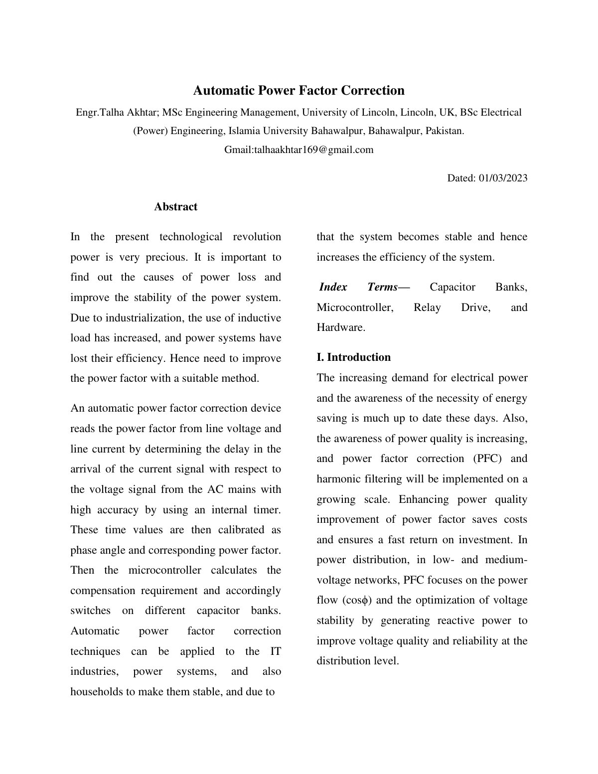 First page of Automatic Power Factor Correction