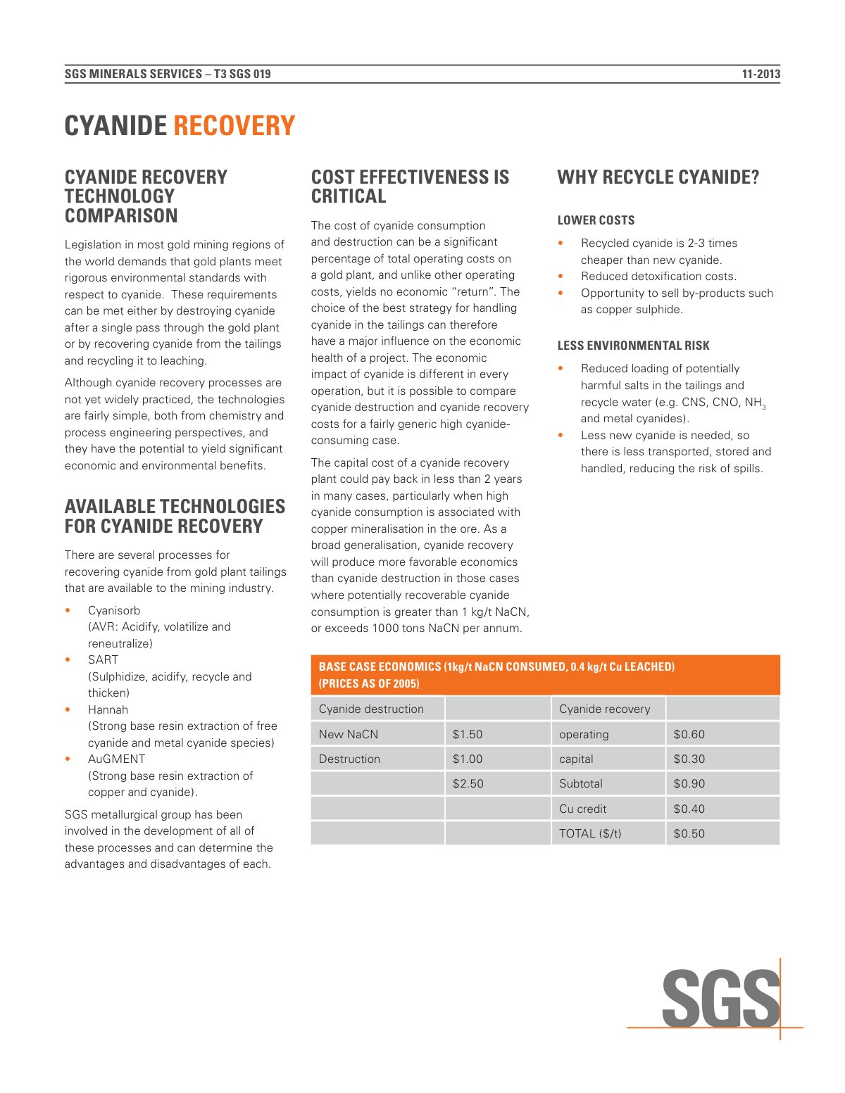 First page of SGS MIN WA016 Cyanide Recovery Comparison EN 11