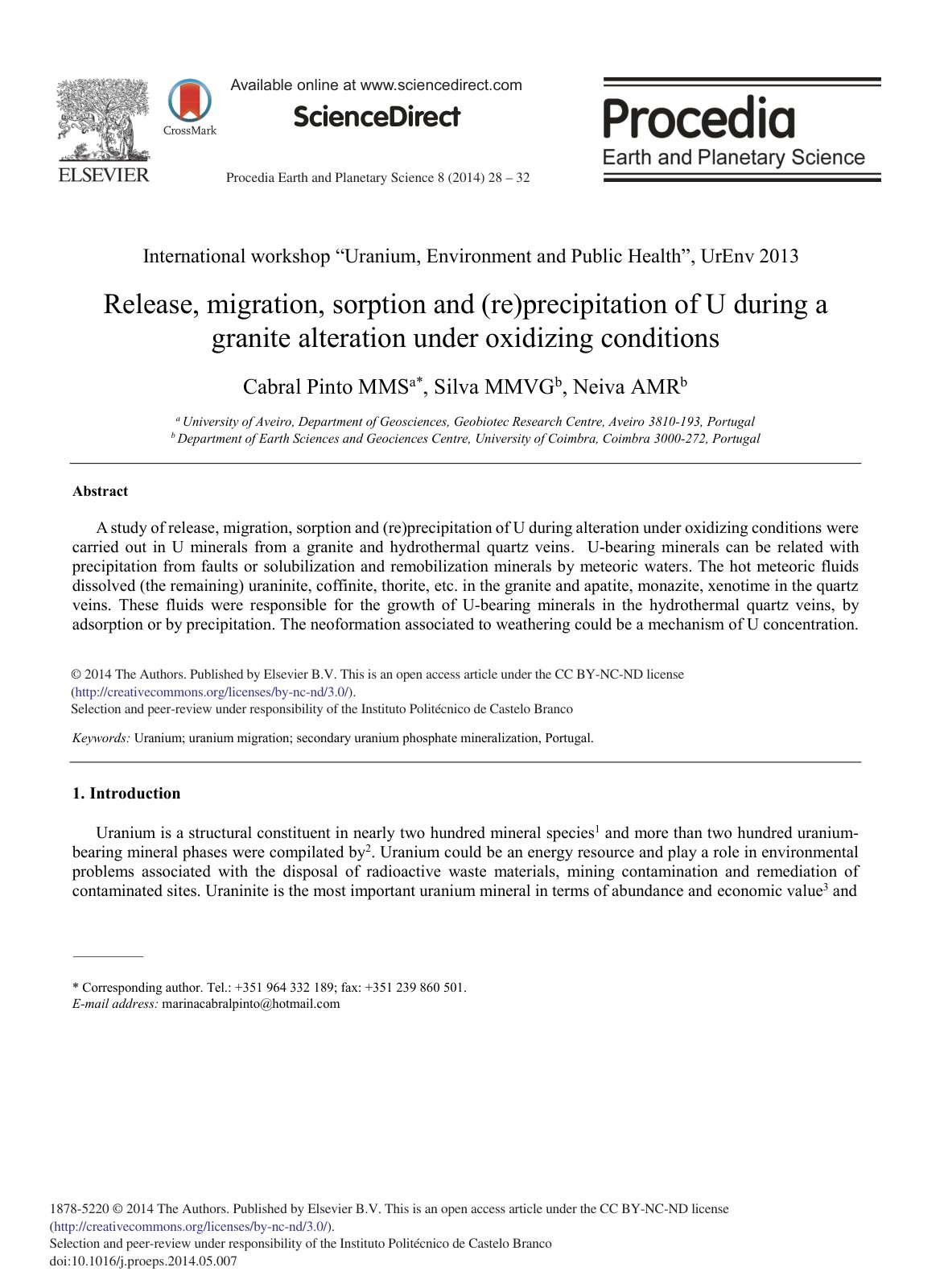 First page of Release, migration, sorption and (re)precipitation of U during a granite alteration under oxidizing conditions