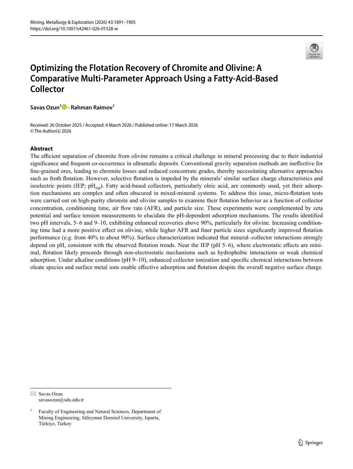 First page of Optimizing the Flotation Recovery of Chromite and Olivine: A Comparative Multi-Parameter Approach Using a Fatty-Acid-Based Collector