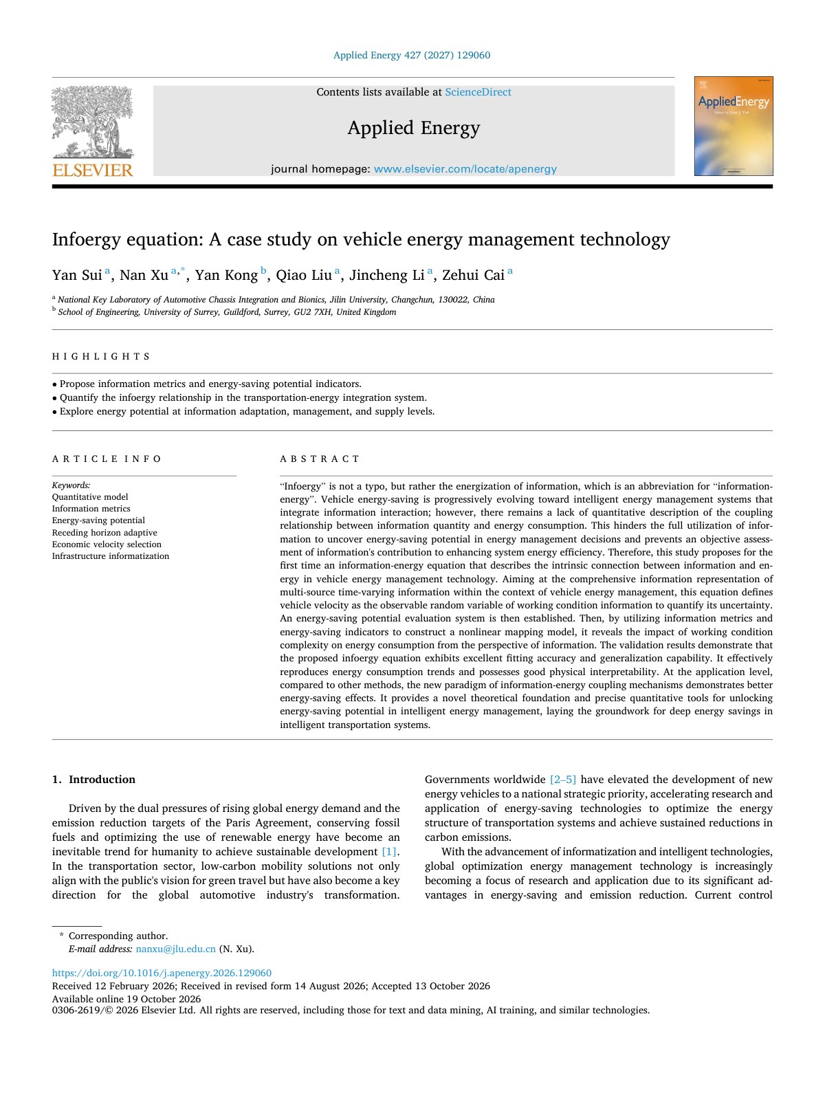 First page of Infoergy equation  A case study on vehicle energy managemen 2027 Applied Ene