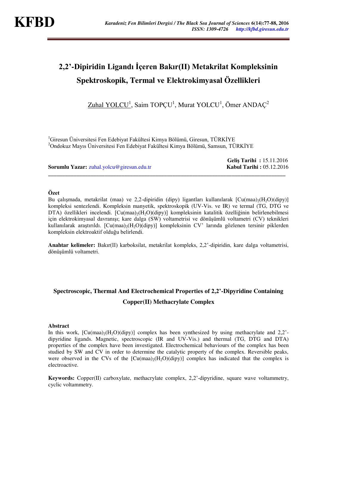 First page of 2,2’-Dipiridin Ligandı İçeren Bakır(II) Metakrilat Kompleksinin Spektroskopik, Termal ve Elektrokimyasal Özellikleri