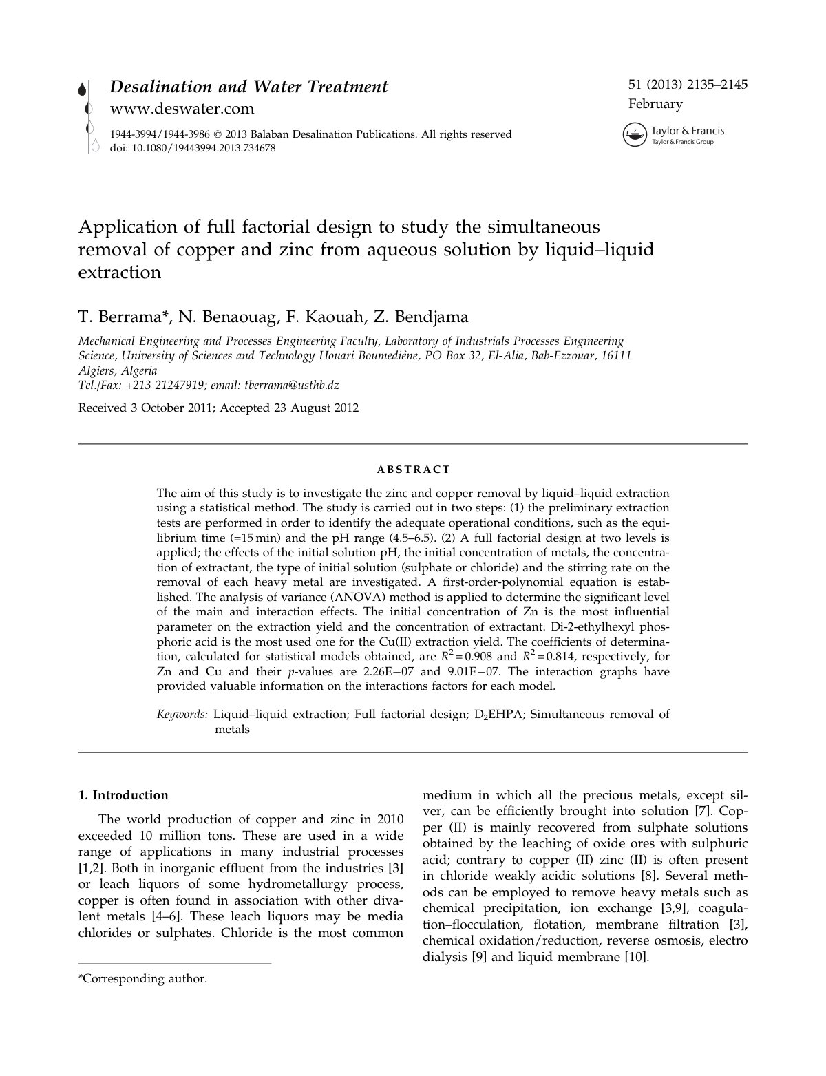 First page of Application of full factorial design to study the simulta 2013 Desalination 