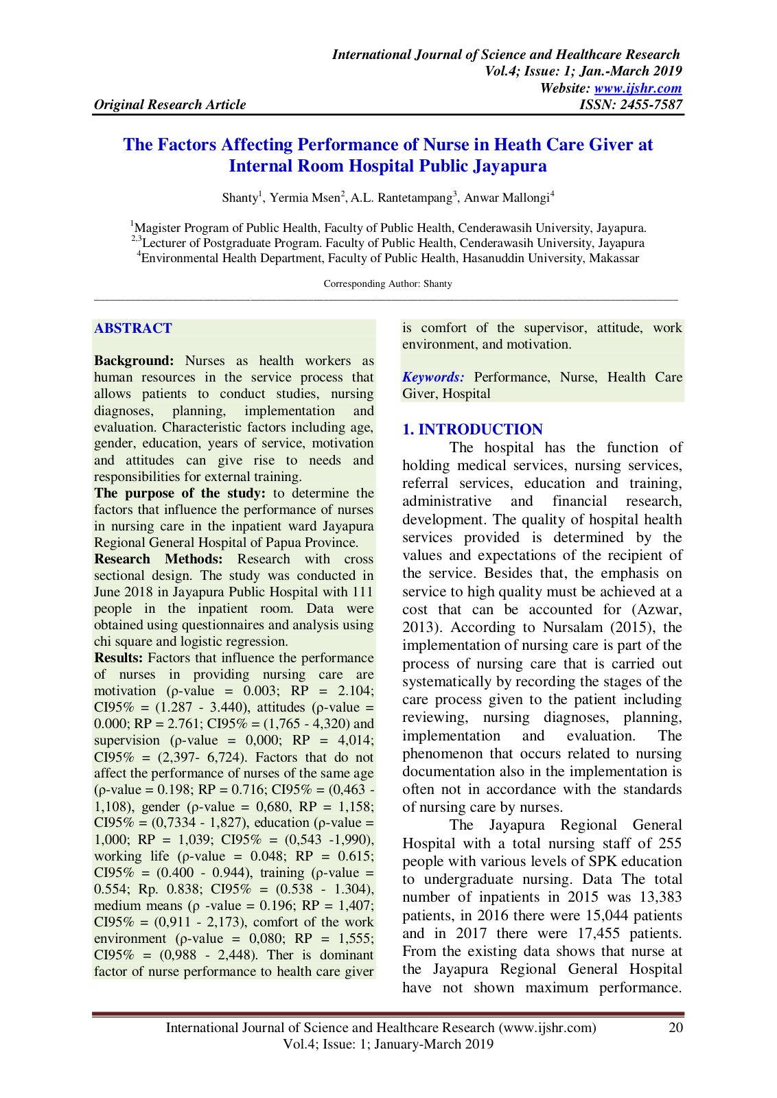First page of The Factors Affecting Performance of Nurse in Heath Care Giver at Internal Room Hospital Public Jayapura