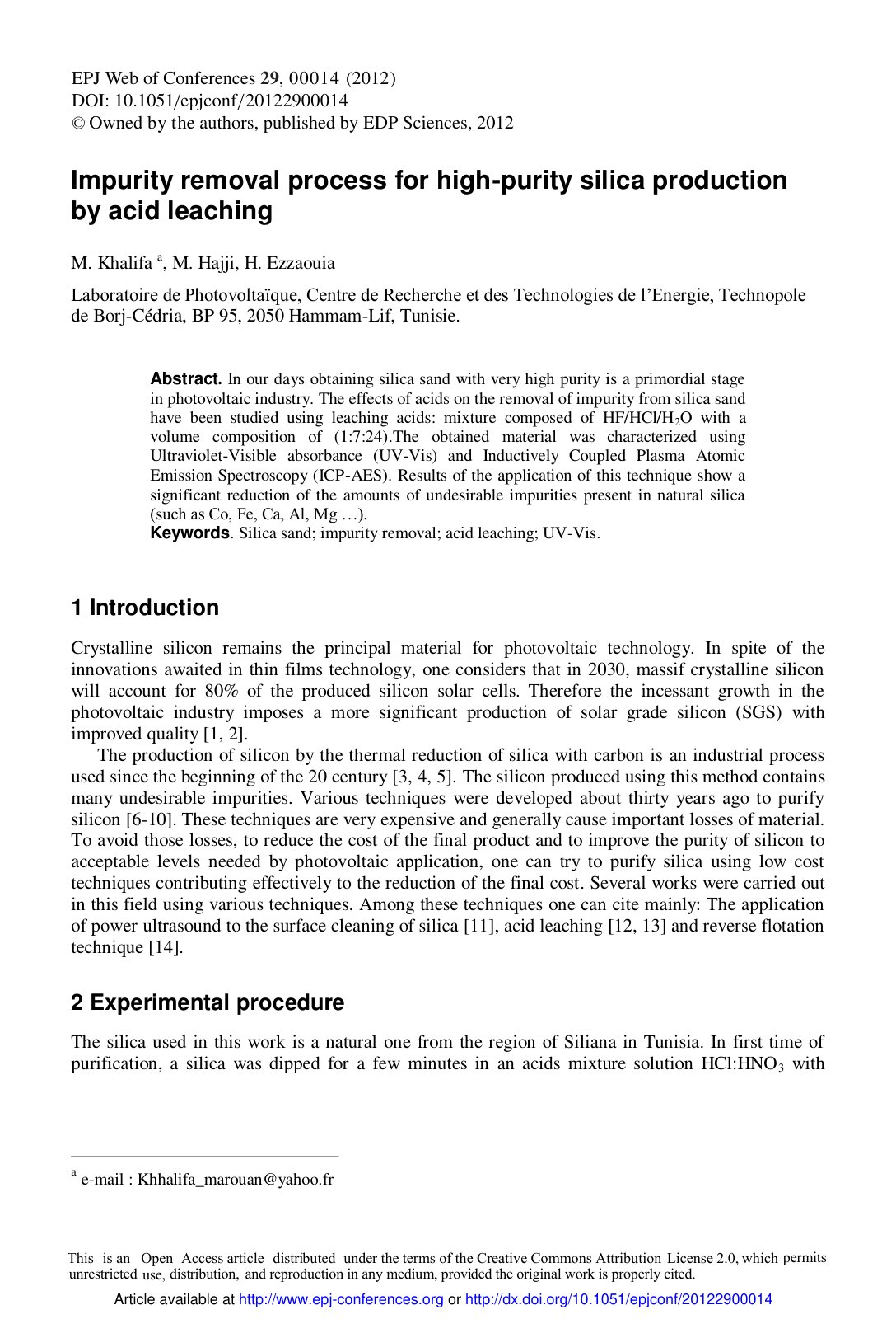 First page of Impurity removal process for high-purity silica production by acid leaching