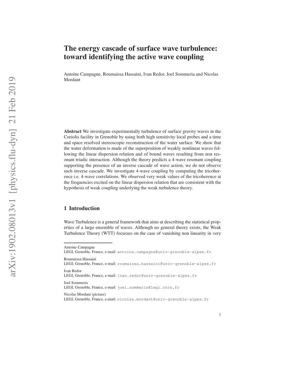 First page of The energy cascade of surface wave turbulence: toward identifying the active wave coupling