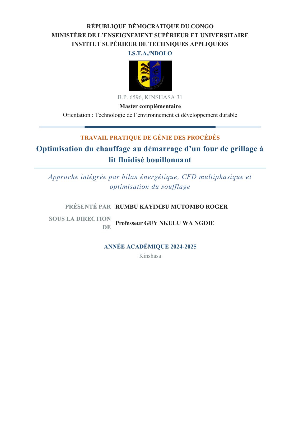 First page of Optimisation du chauffage au démarrage d’un four de grillage à lit fluidisé bouillonnant