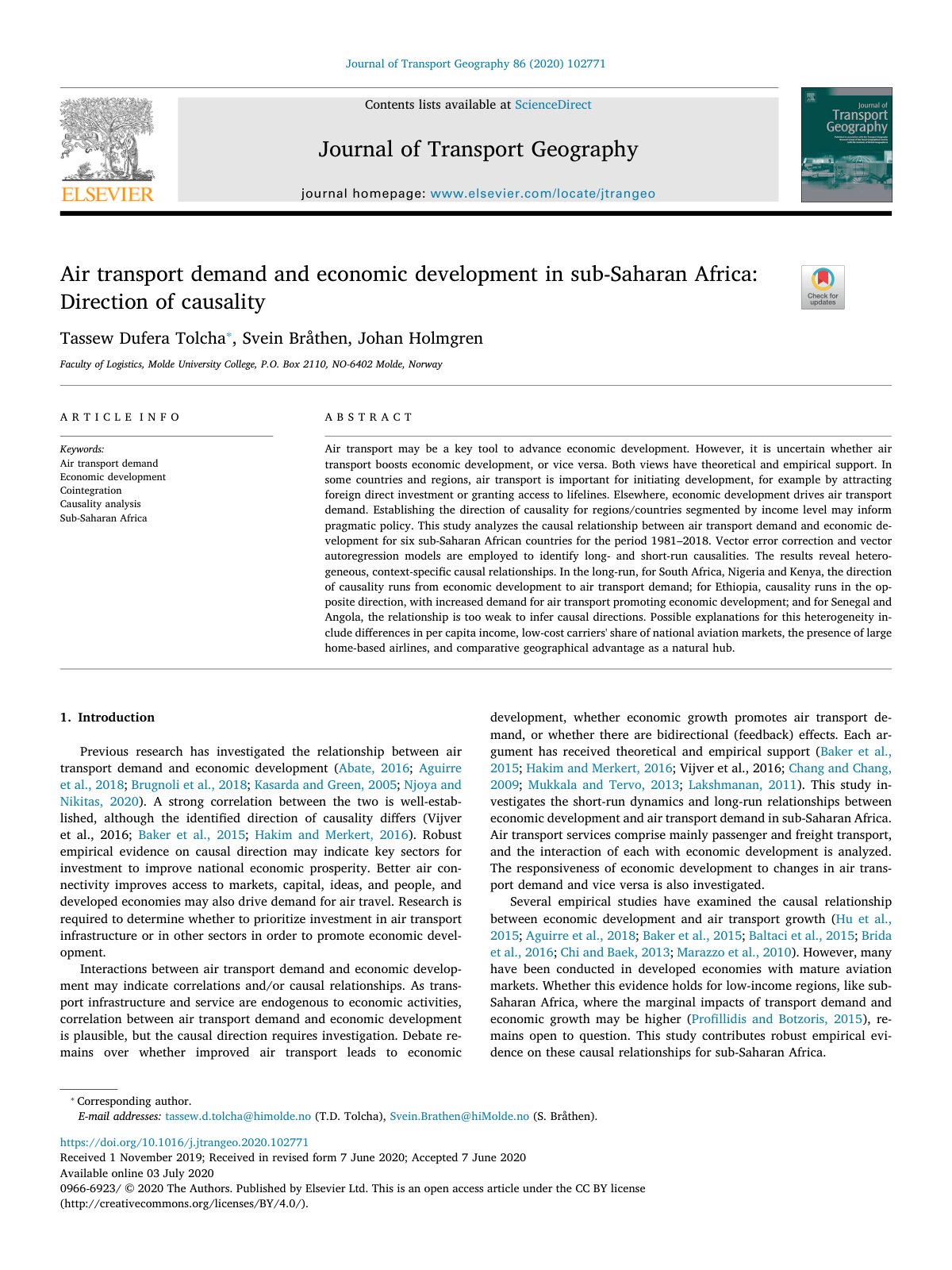 First page of Air transport demand and economic development in sub-Saharan Africa: Direction of causality