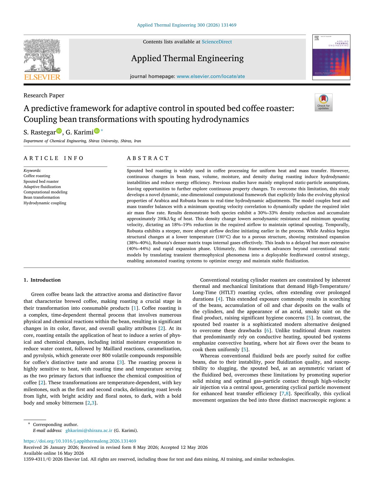 First page of A predictive framework for adaptive control in spouted bed coffee roaster: Coupling bean transformations with spouting hydrodynamics