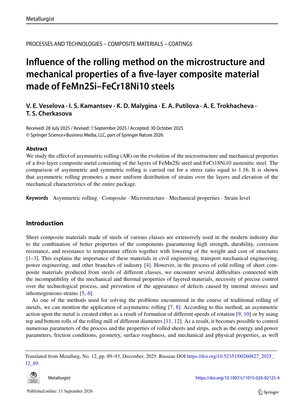 First page of Influence of the rolling method on the microstructure and mechanical properties of a five-layer composite material made of FeMn2Si–FeCr18Ni10 steels