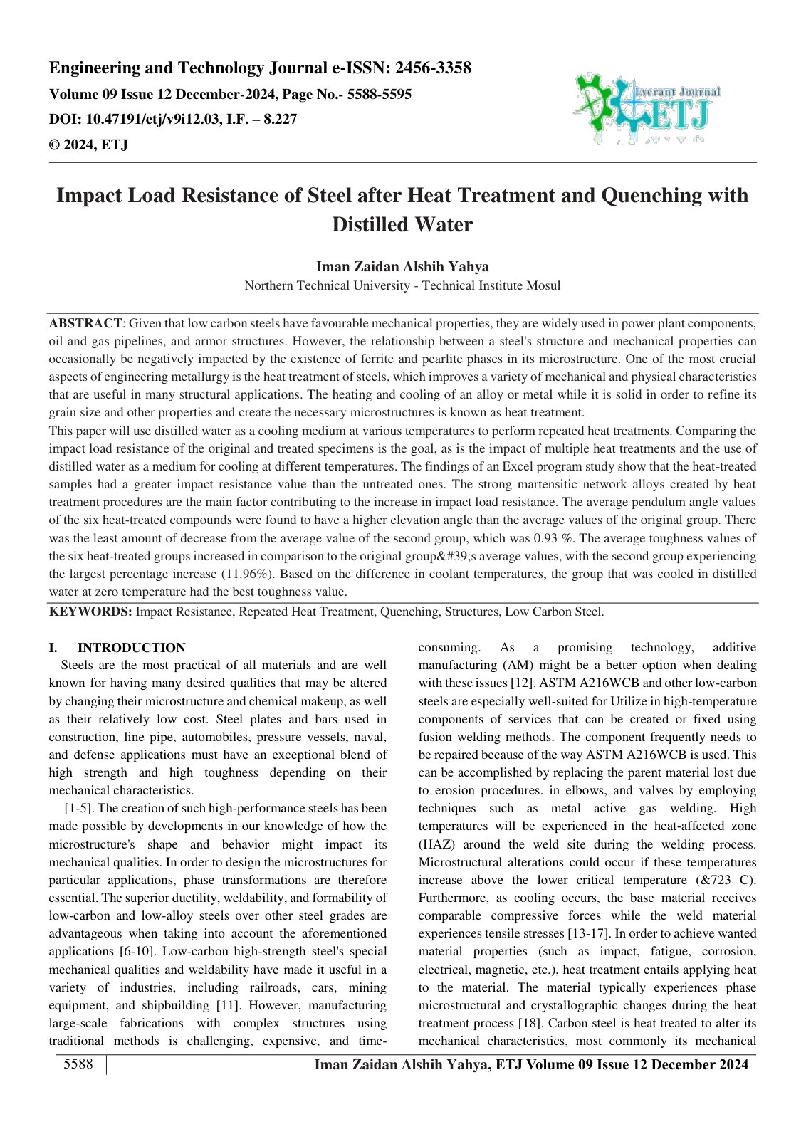 First page of Impact Load Resistance of Steel after Heat Treatment and Quenching with  Distilled Water 