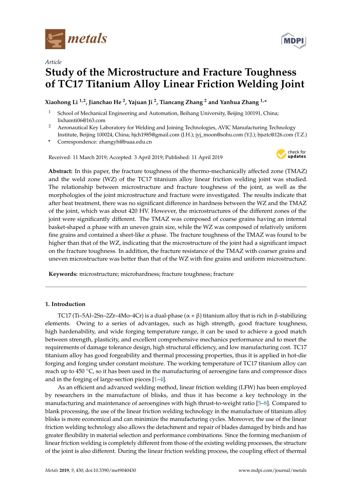 First page of Study of the Microstructure and Fracture Toughness of TC17 Titanium Alloy Linear Friction Welding Joint
