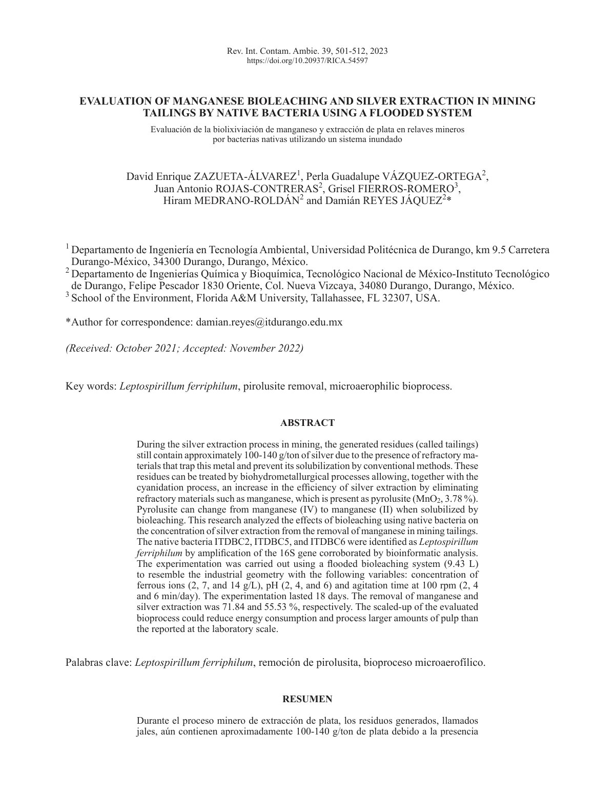 First page of Evaluation of manganese bioleaching and