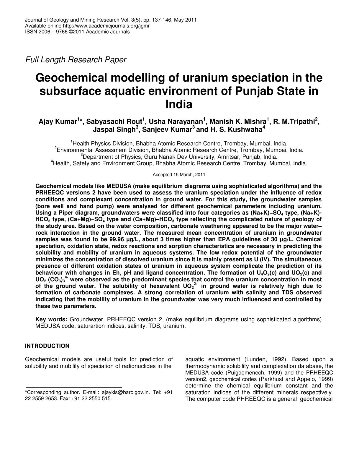 First page of Geochemical modelling of uranium speciation in the subsurface aquatic environment of Punjab State in India
