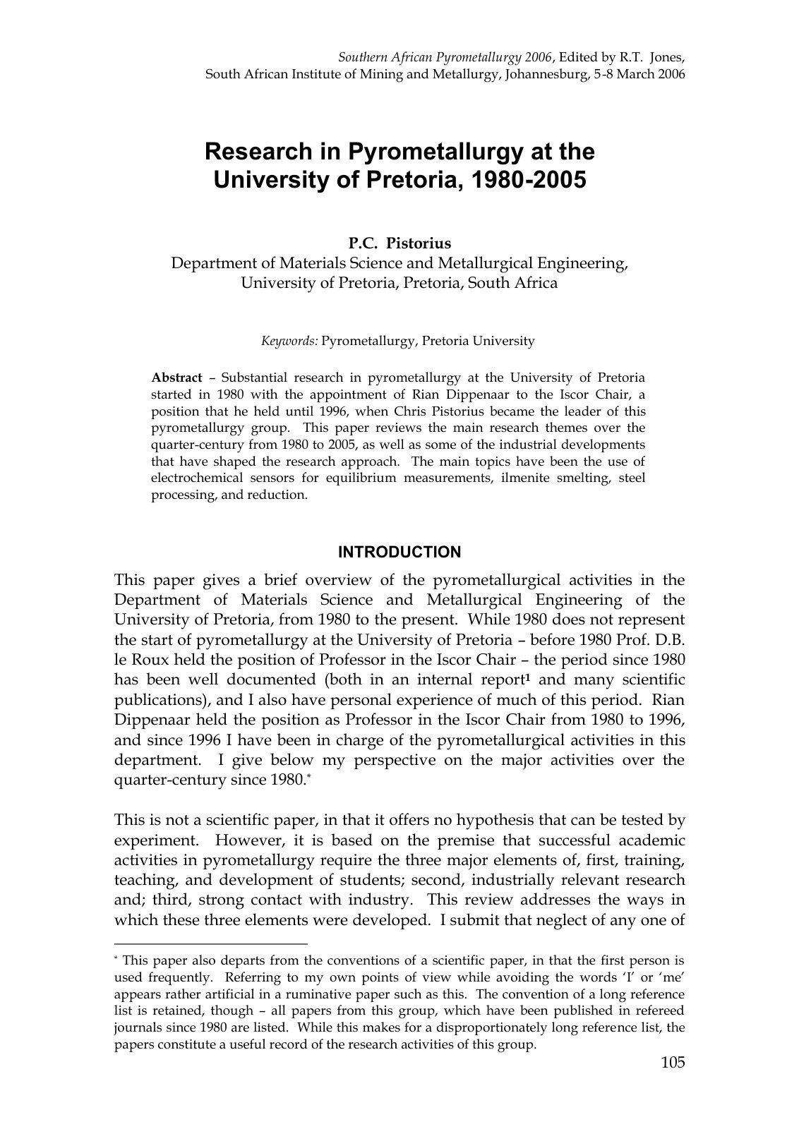 First page of Research in Pyrometallurgy at the Univer