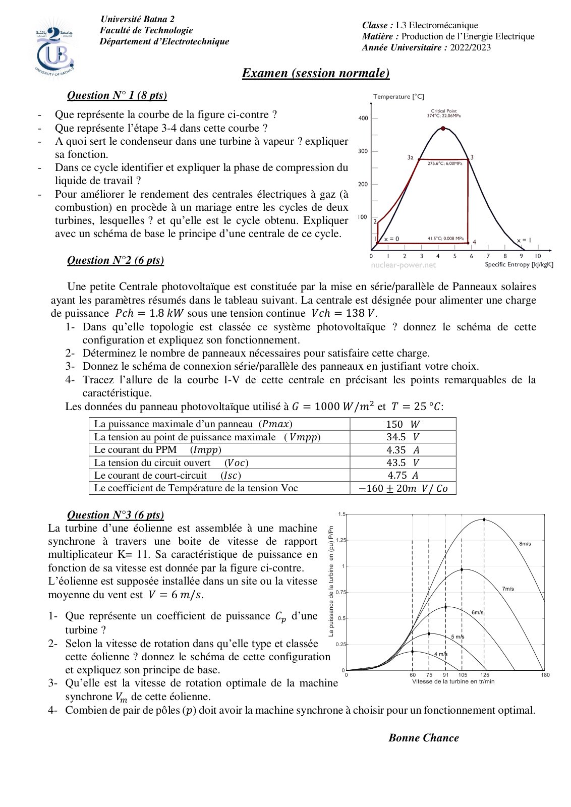First page of controle production de lenergie electrique 3l elm avec corrige type et bareme 