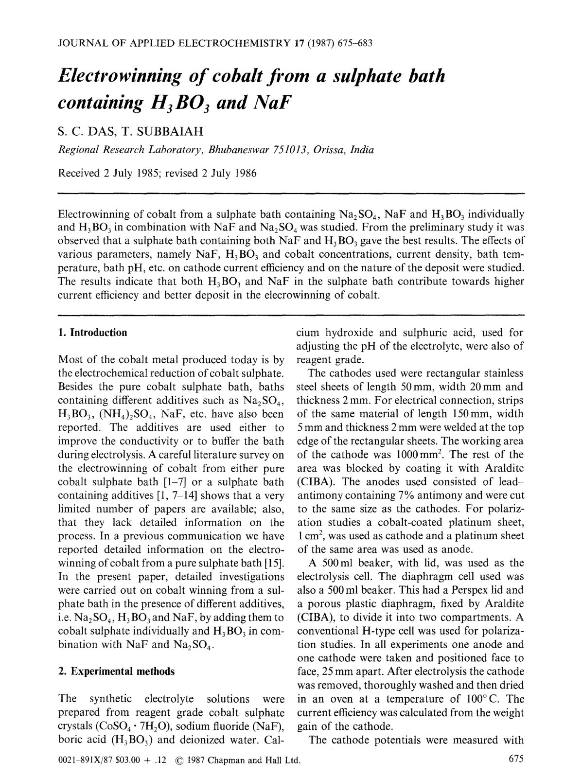 First page of Electrowinning of cobalt from a sulphate