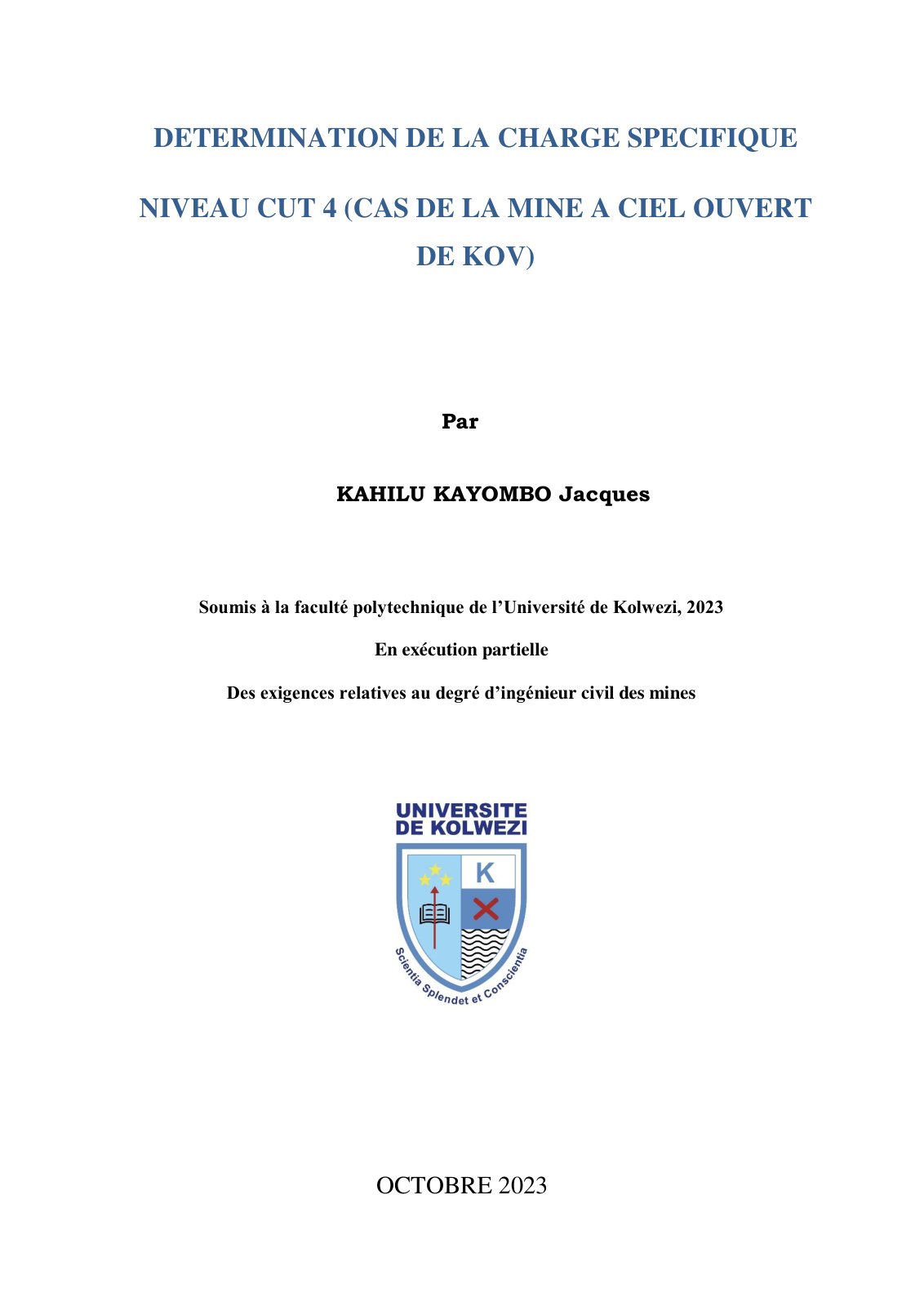 First page of Kayombo, K J. (2023). DETERMINATION DE LA CHARGE SPECIFIQUE de KOV Vf.2