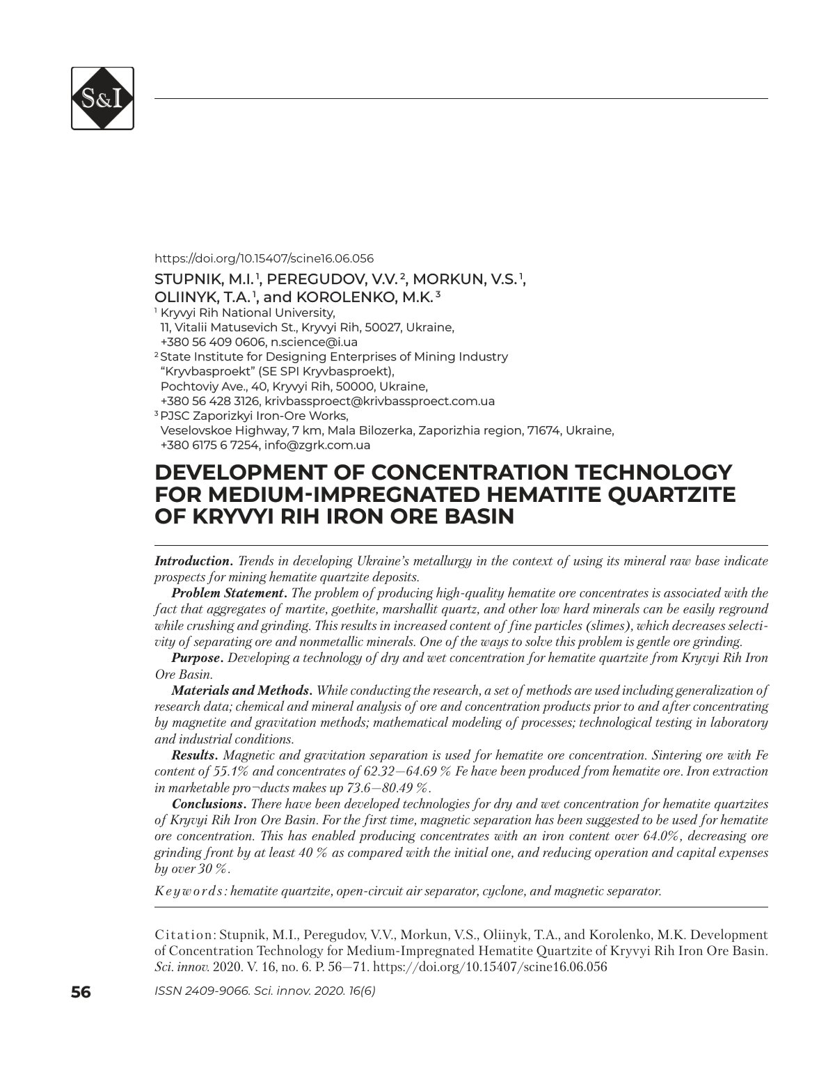 First page of development of concentration technology for medium-impregnated hematite QuartZite of kryvyi rih iron ore BaSin