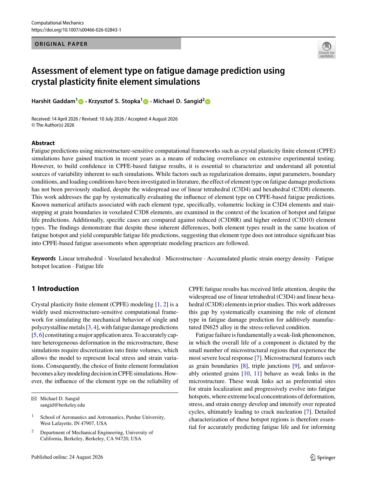 First page of 2026 Gaddam CPFE Fatigue Element Assessment