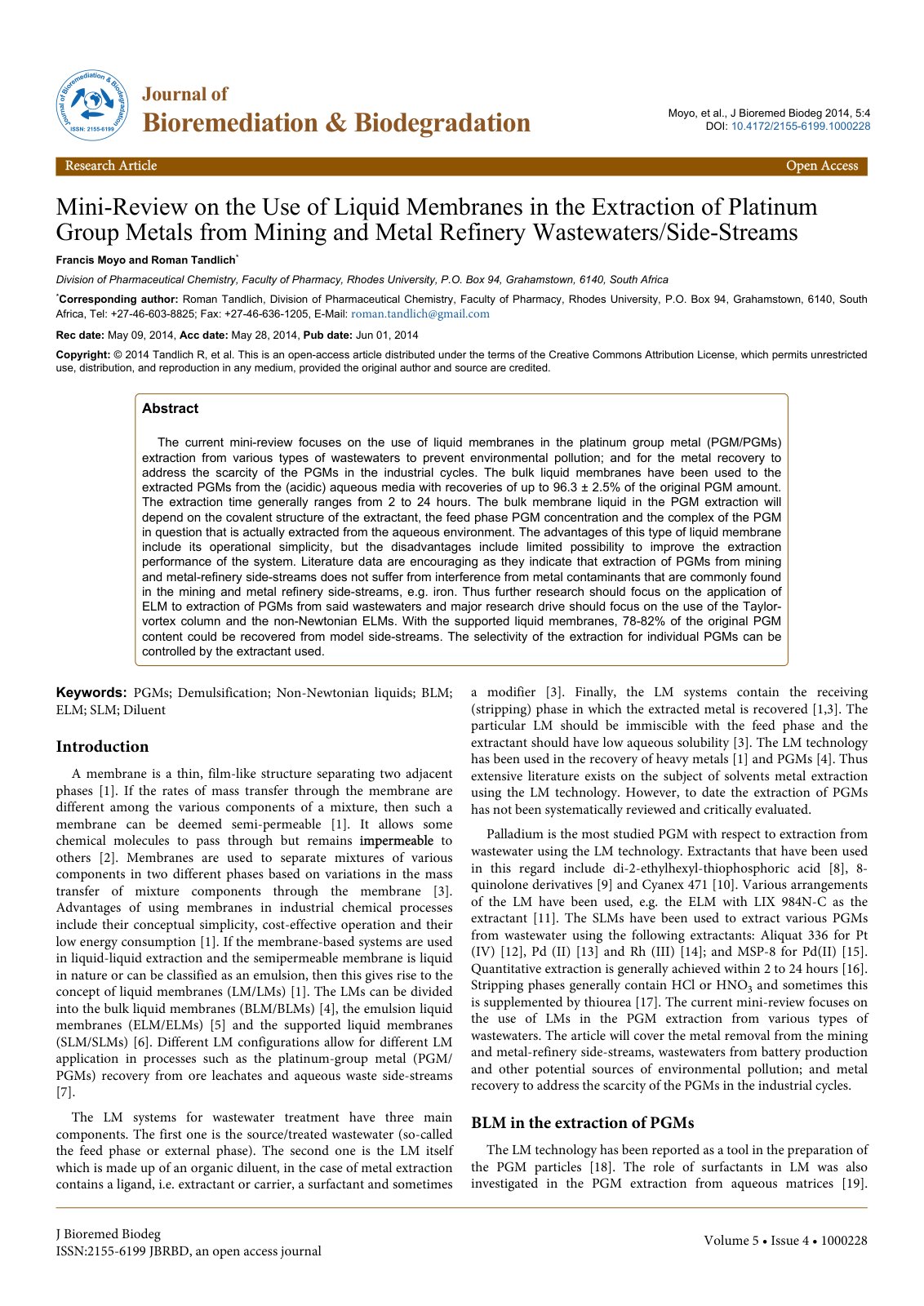First page of Mini Review on the Use of Liquid Membran