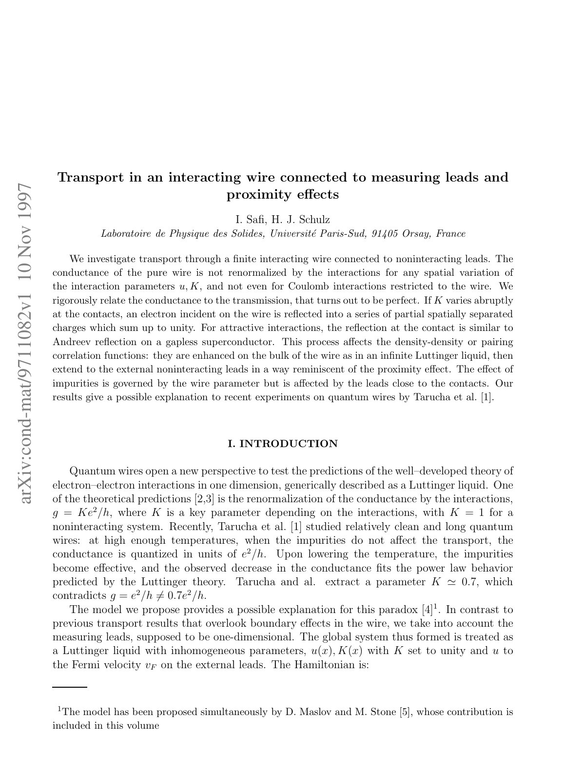 First page of Transport in a one dimensional wire conn