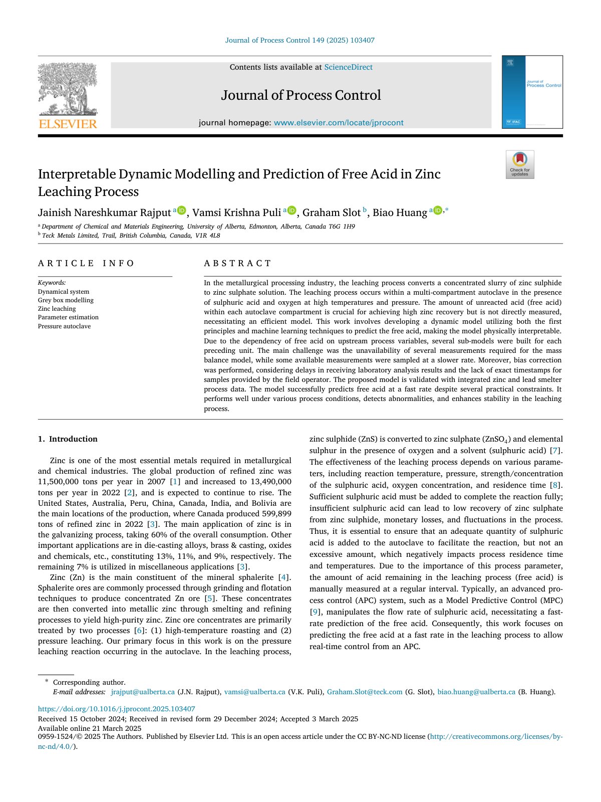 First page of Interpretable Dynamic Modelling and Prediction of Free 2025 Journal of Proce