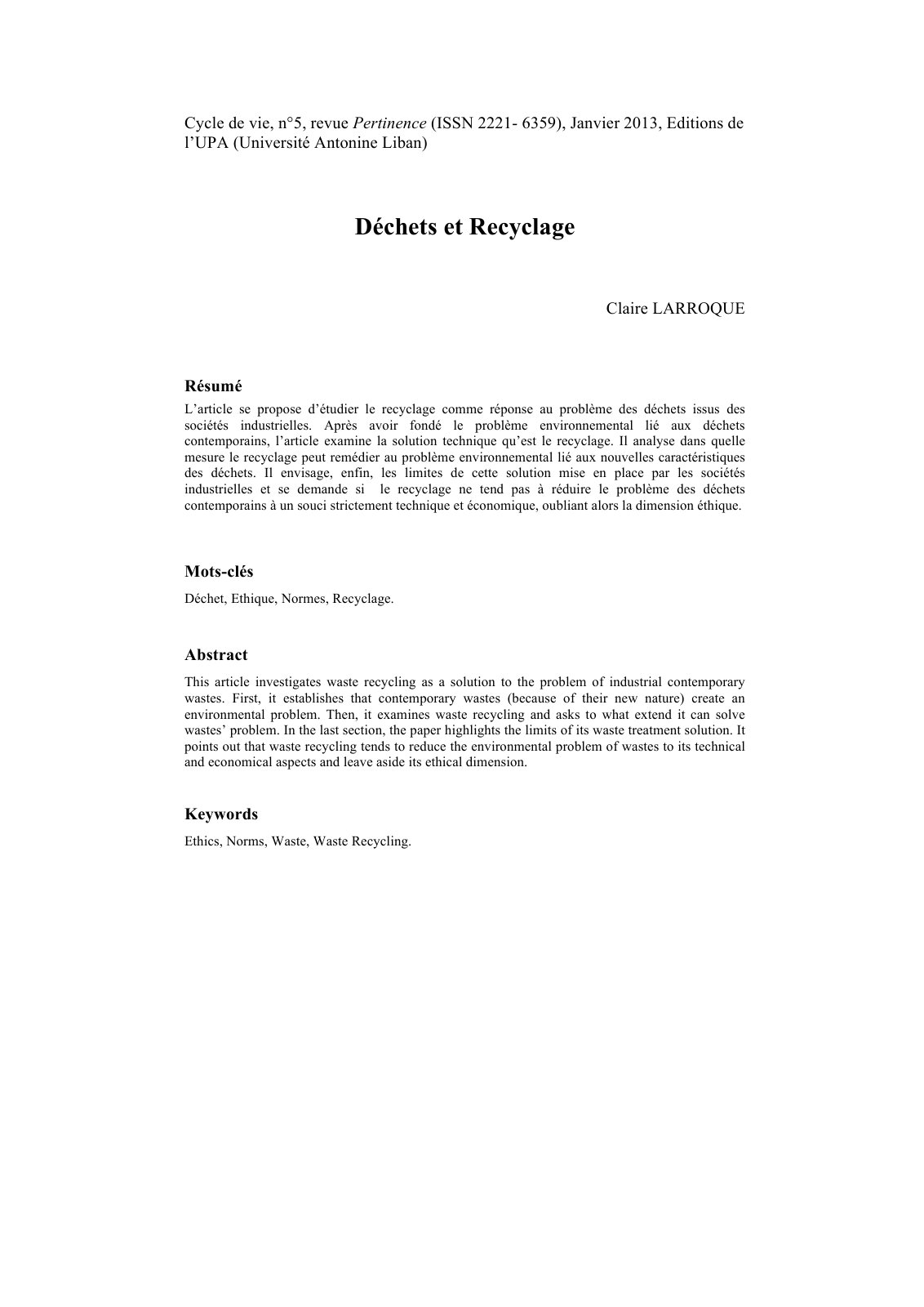 First page of Le recyclage vers une approche ethique d