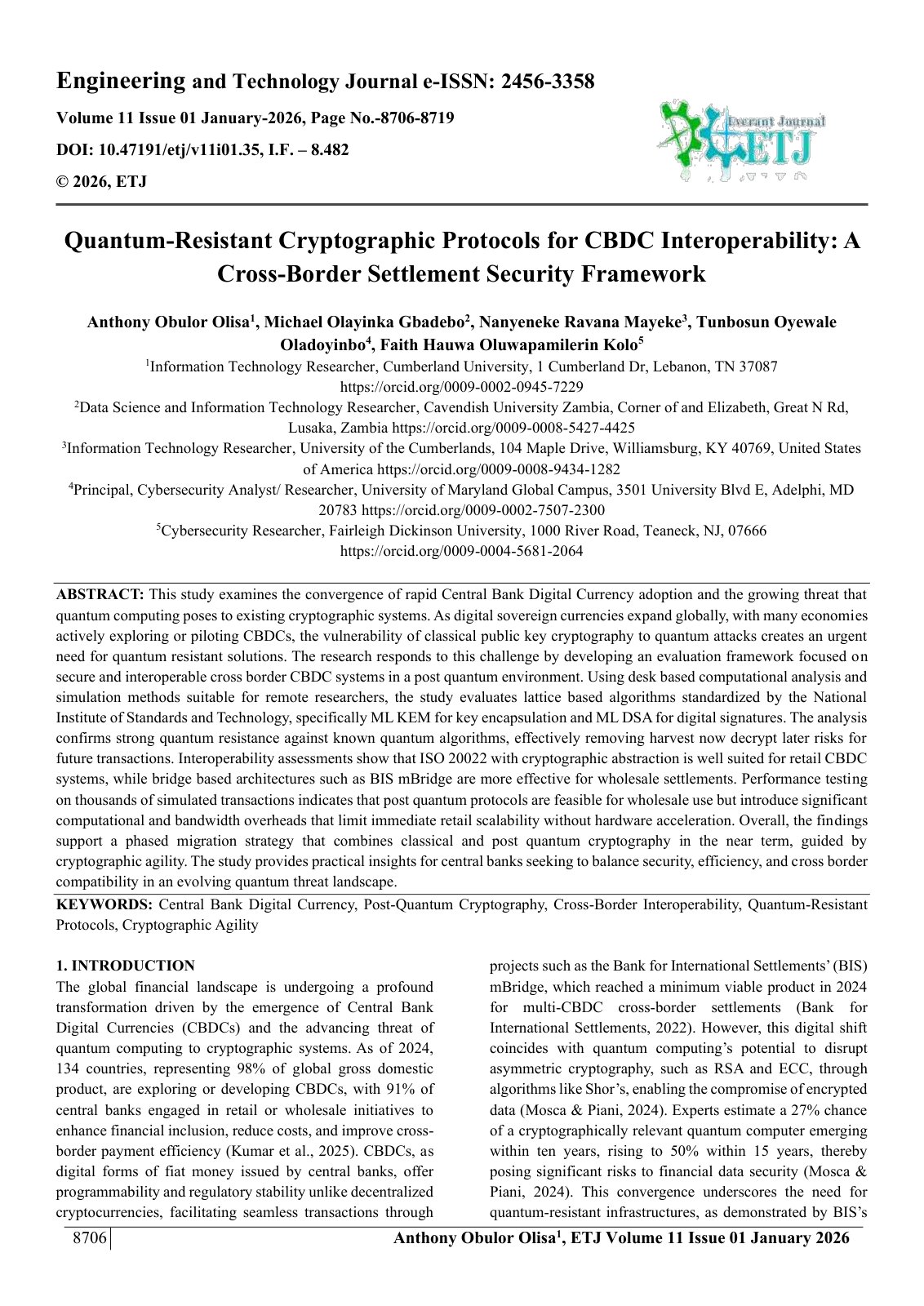 First page of Quantum-Resistant Cryptographic Protocols for CBDC Interoperability: A  Cross-Border Settlement Security Framework  
