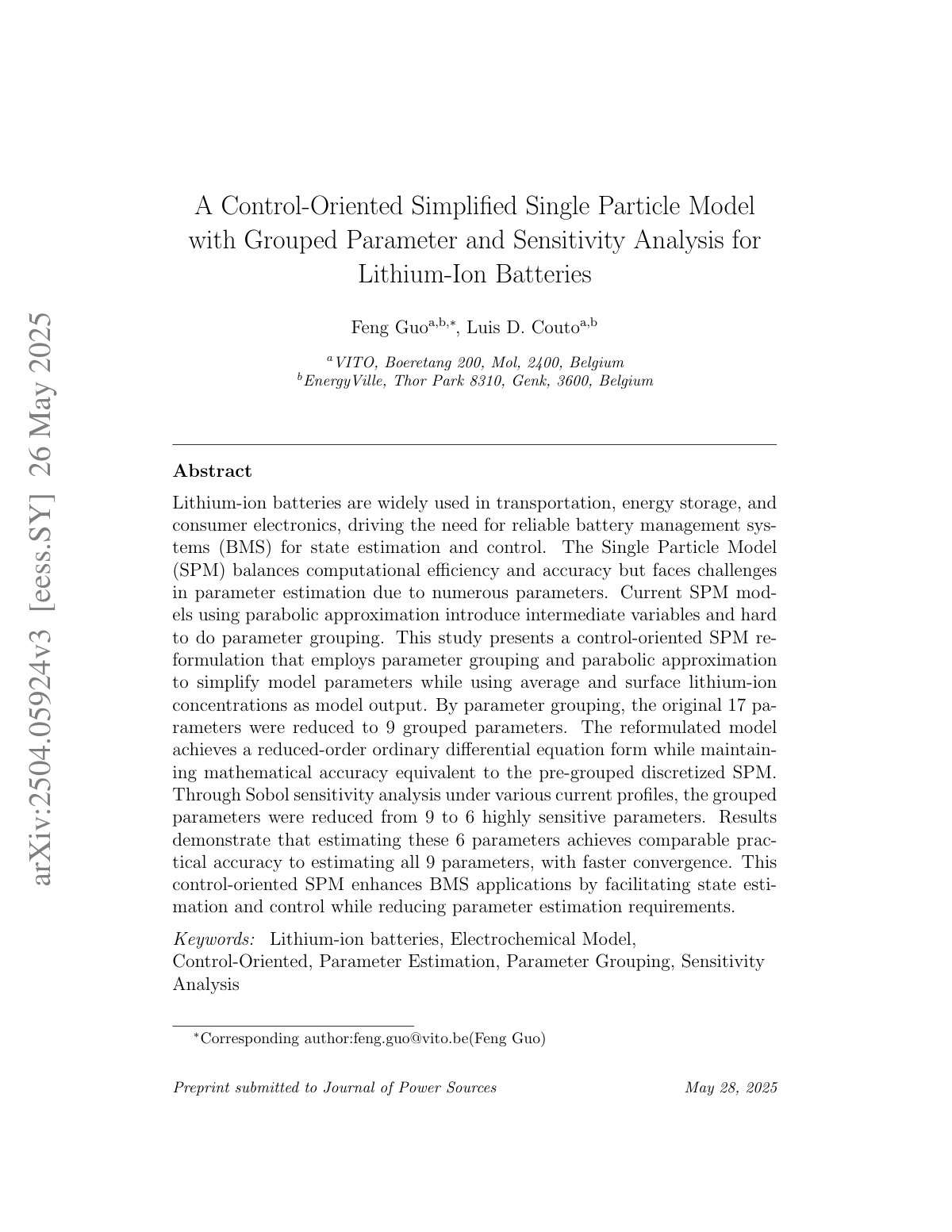 First page of A Control-Oriented Simplified Single Particle Model with Grouped Parameter and Sensitivity Analysis for Lithium-Ion Batteries