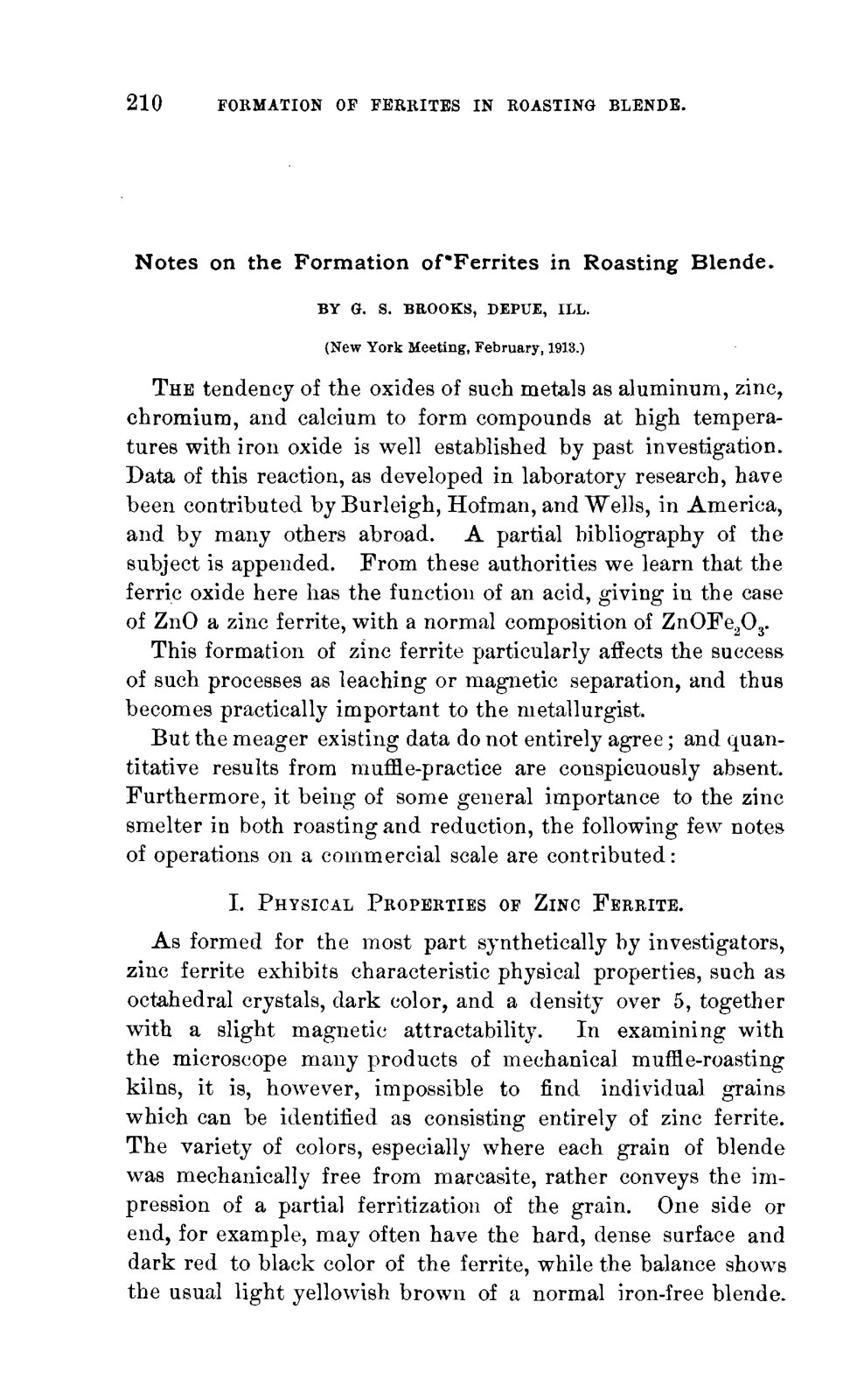 First page of New York Paper   Notes on the Formation of Ferrites in Roasting Blende