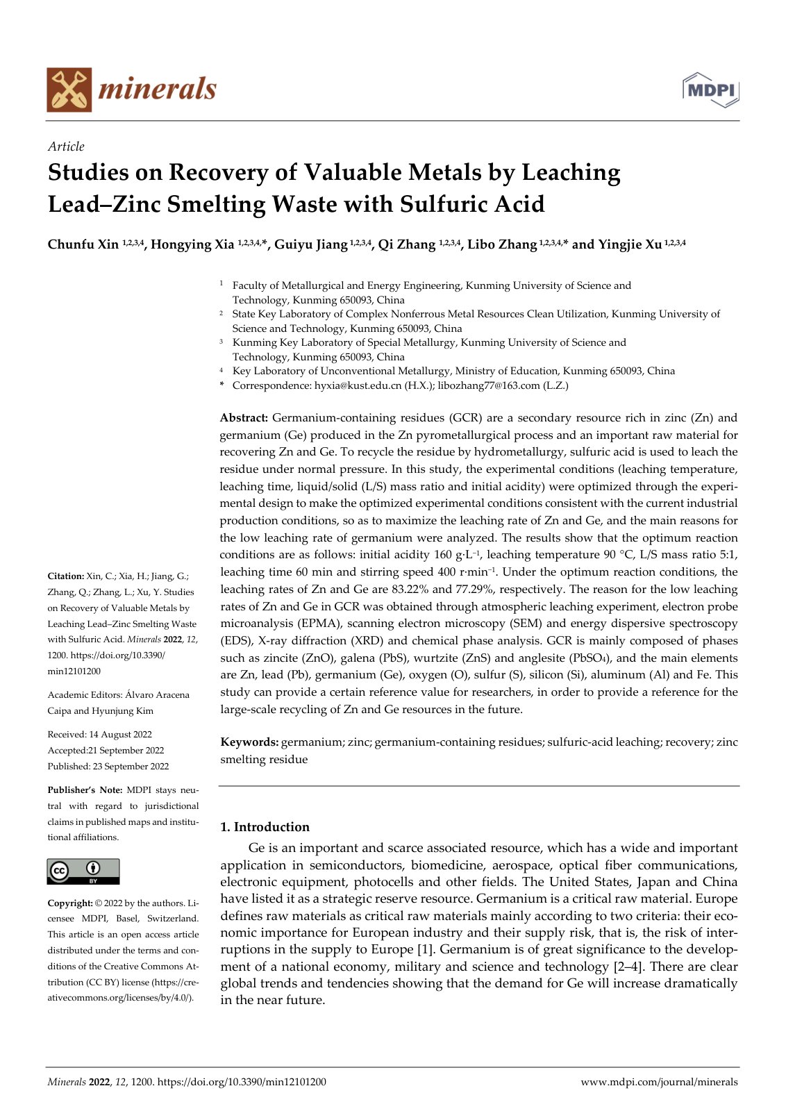 First page of Studies on Recovery of Valuable Metals by Leaching Lead–Zinc Smelting Waste with Sulfuric Acid