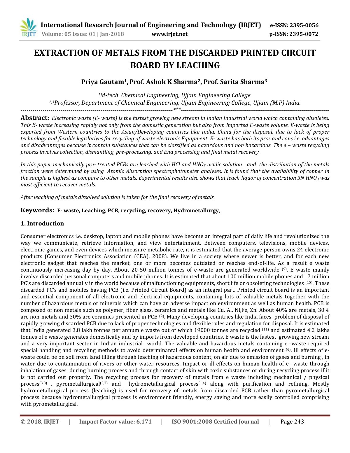 First page of EXTRACTION OF METALS FROM THE DISCARDED
