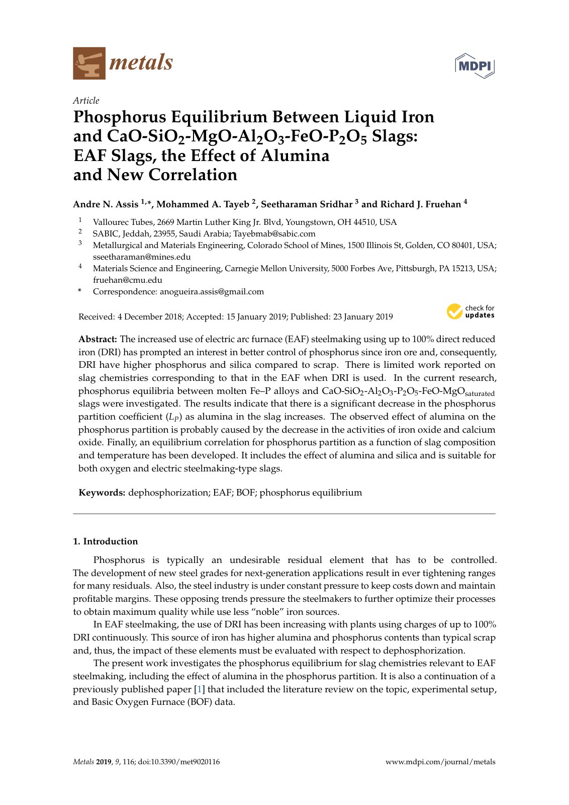 First page of Phosphorus Equilibrium Between Liquid Iron and CaO-SiO2-MgO-Al2O3-FeO-P2O5 Slags: EAF Slags, the Effect of Alumina and New Correlation