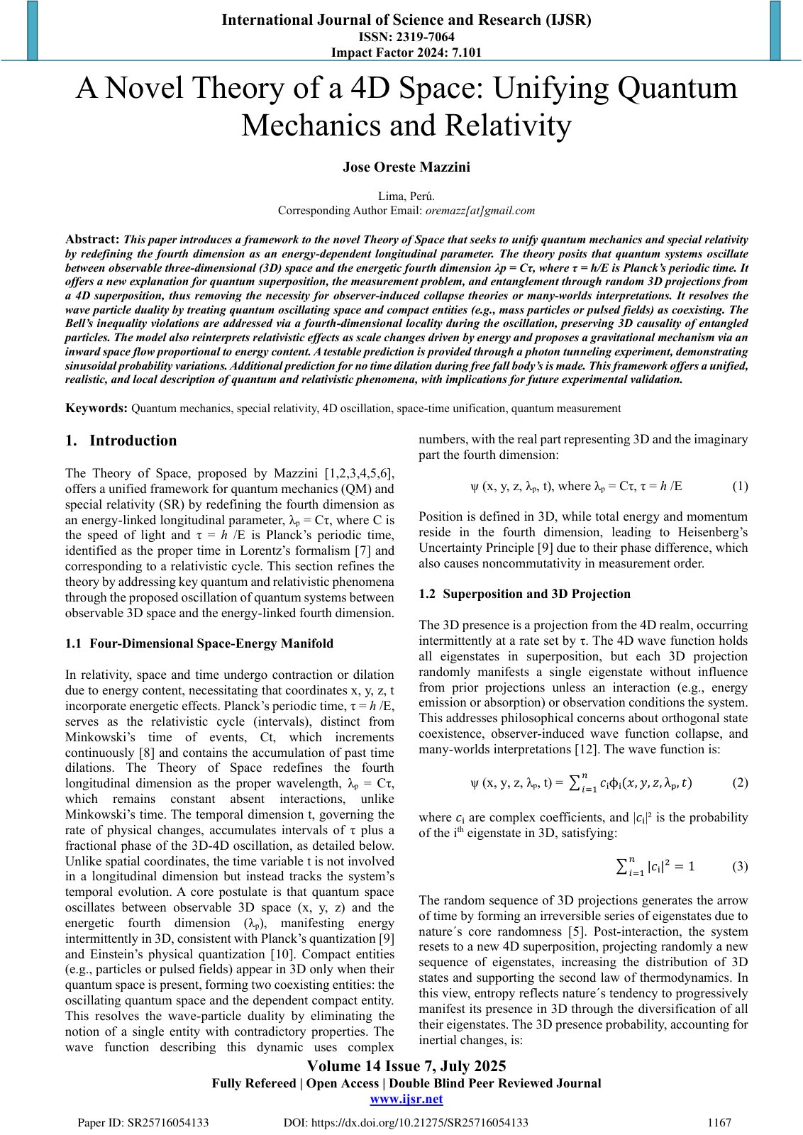 First page of A Novel Theory of a 4D Space Unifying Qu